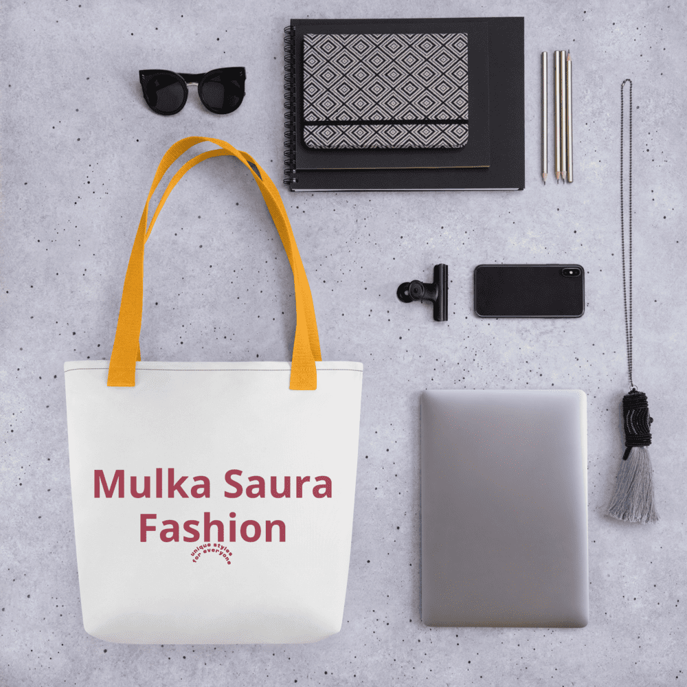 Fashion tote with accessories on display.