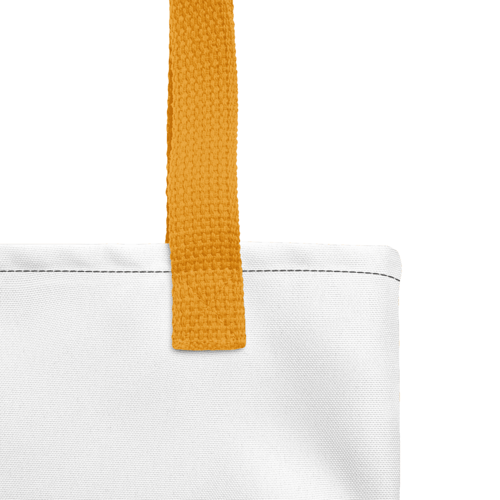 White tote bag with orange handle.