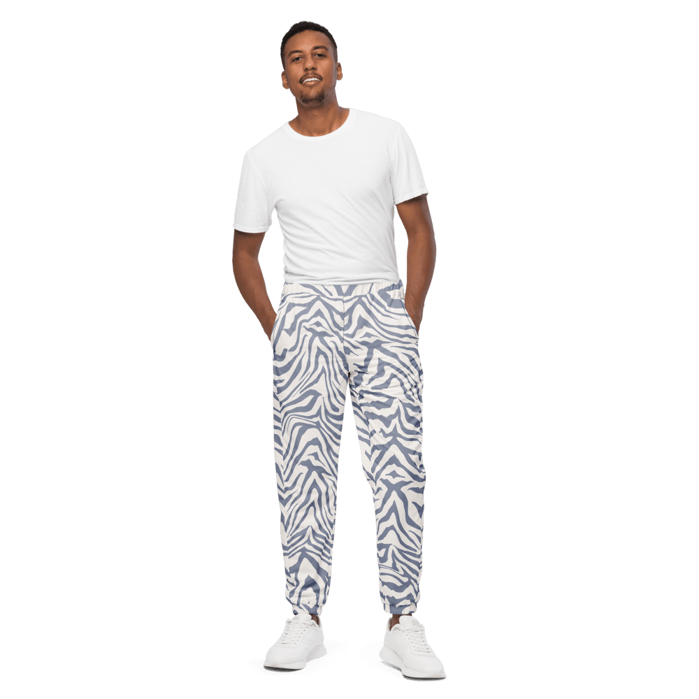 Man in white tee and zebra-print joggers