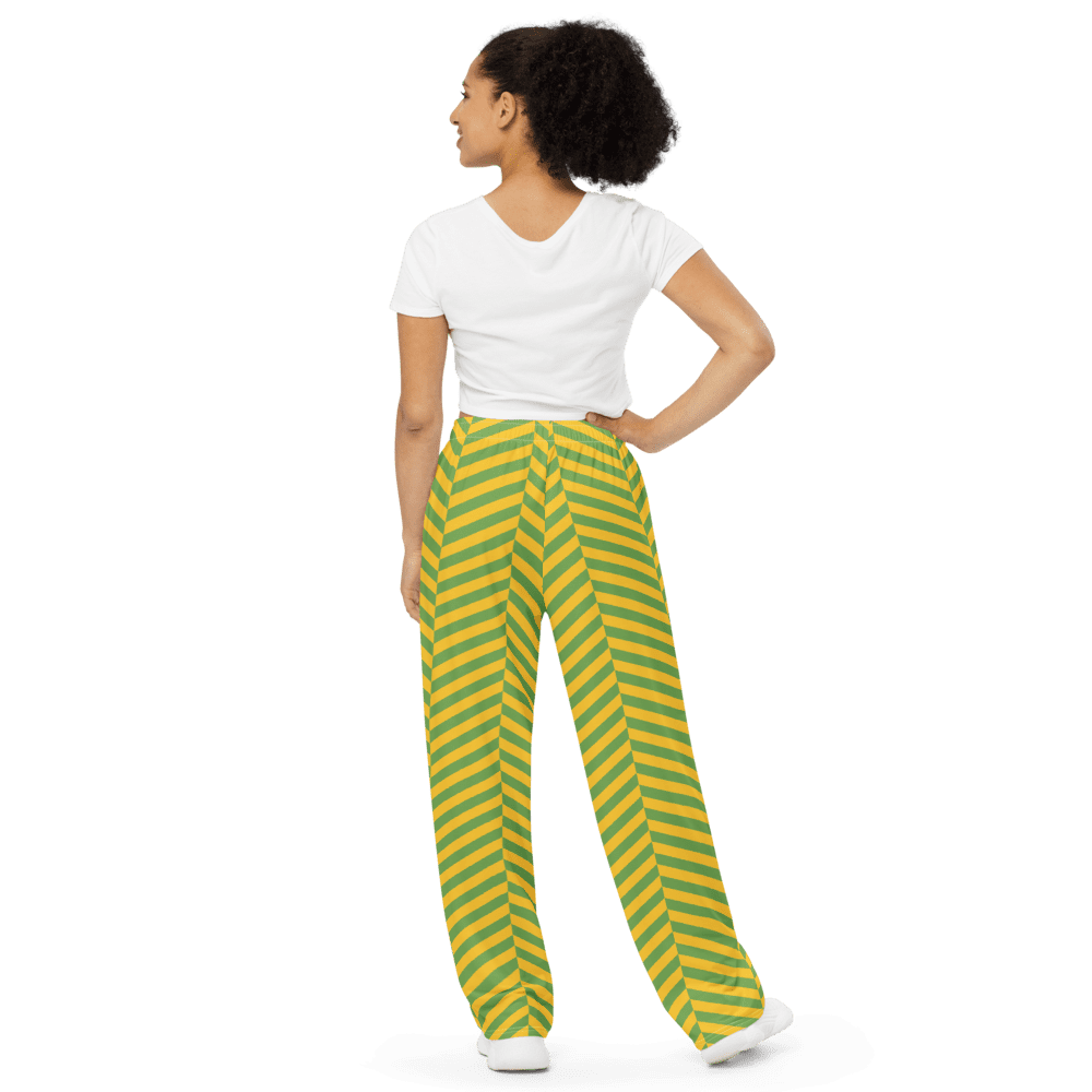 Woman in striped pants facing backward.