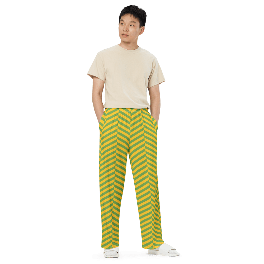 Person wearing striped pants, beige shirt.
