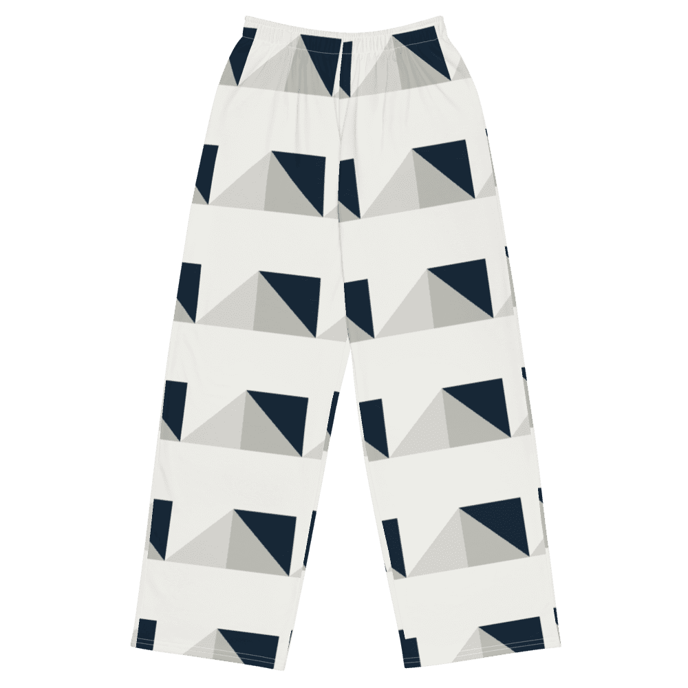 Geometric patterned pants with black background.