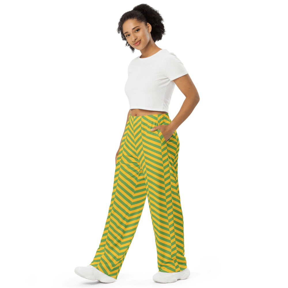 Woman in striped pants and white shirt.