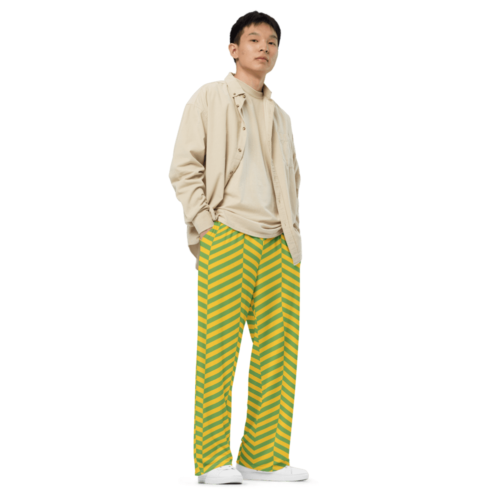 Man wearing green-yellow striped pants, beige shirt.