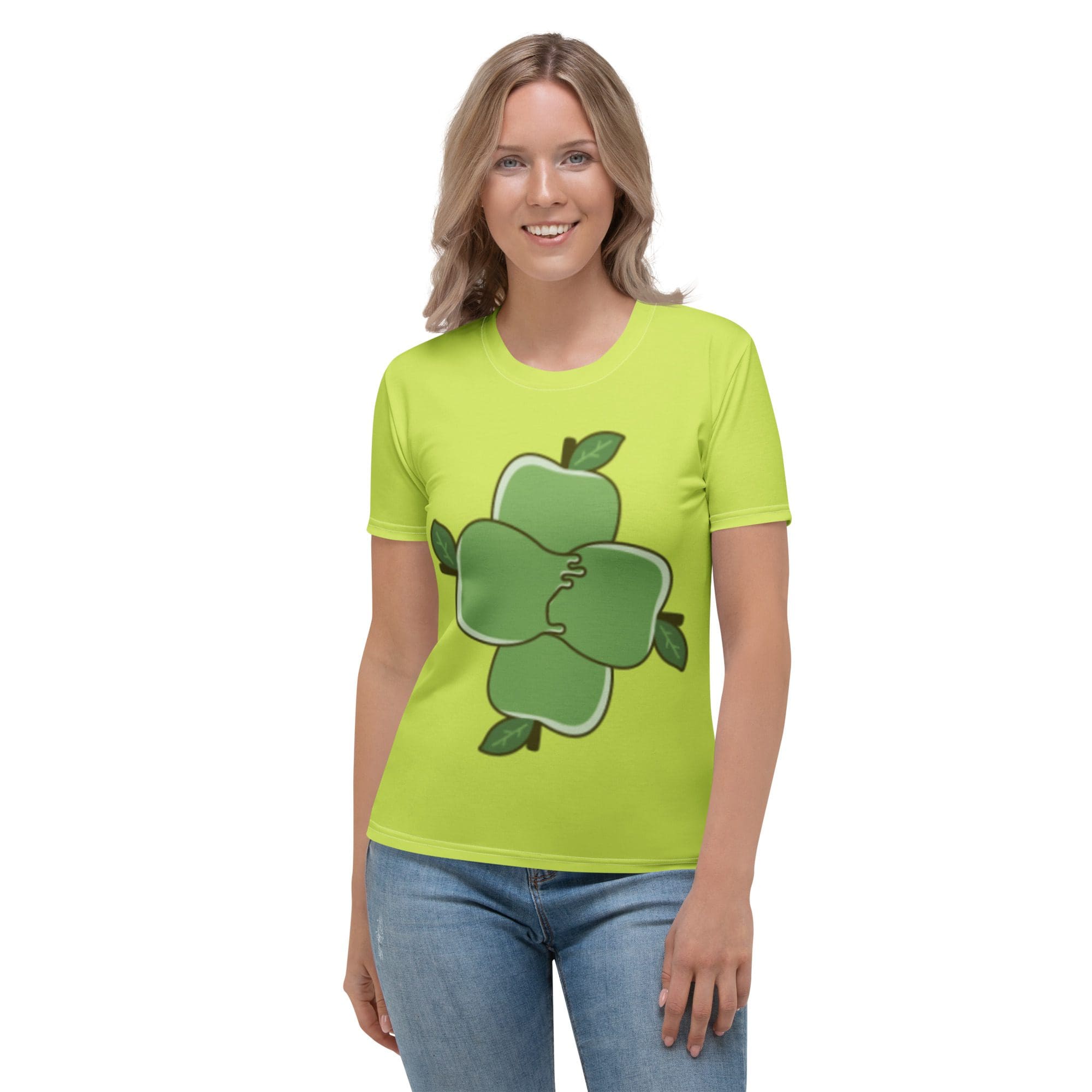 Woman wearing green apple-themed T-shirt.
