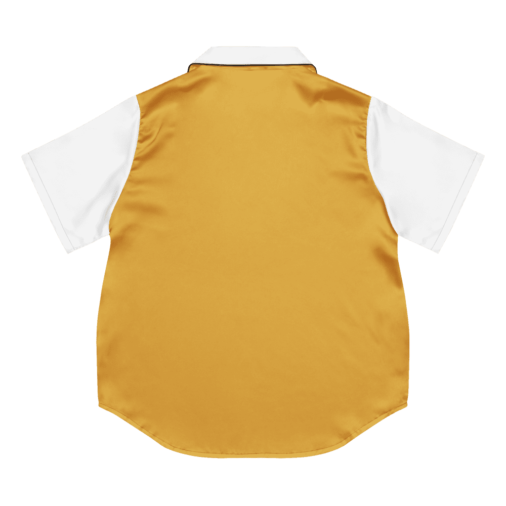 Gold and white short-sleeve button-up shirt.