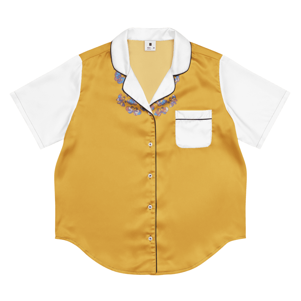 Yellow and white short-sleeve button-up shirt.