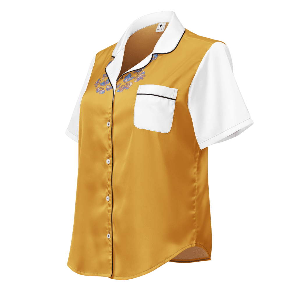 Yellow and white short-sleeve embroidered shirt.