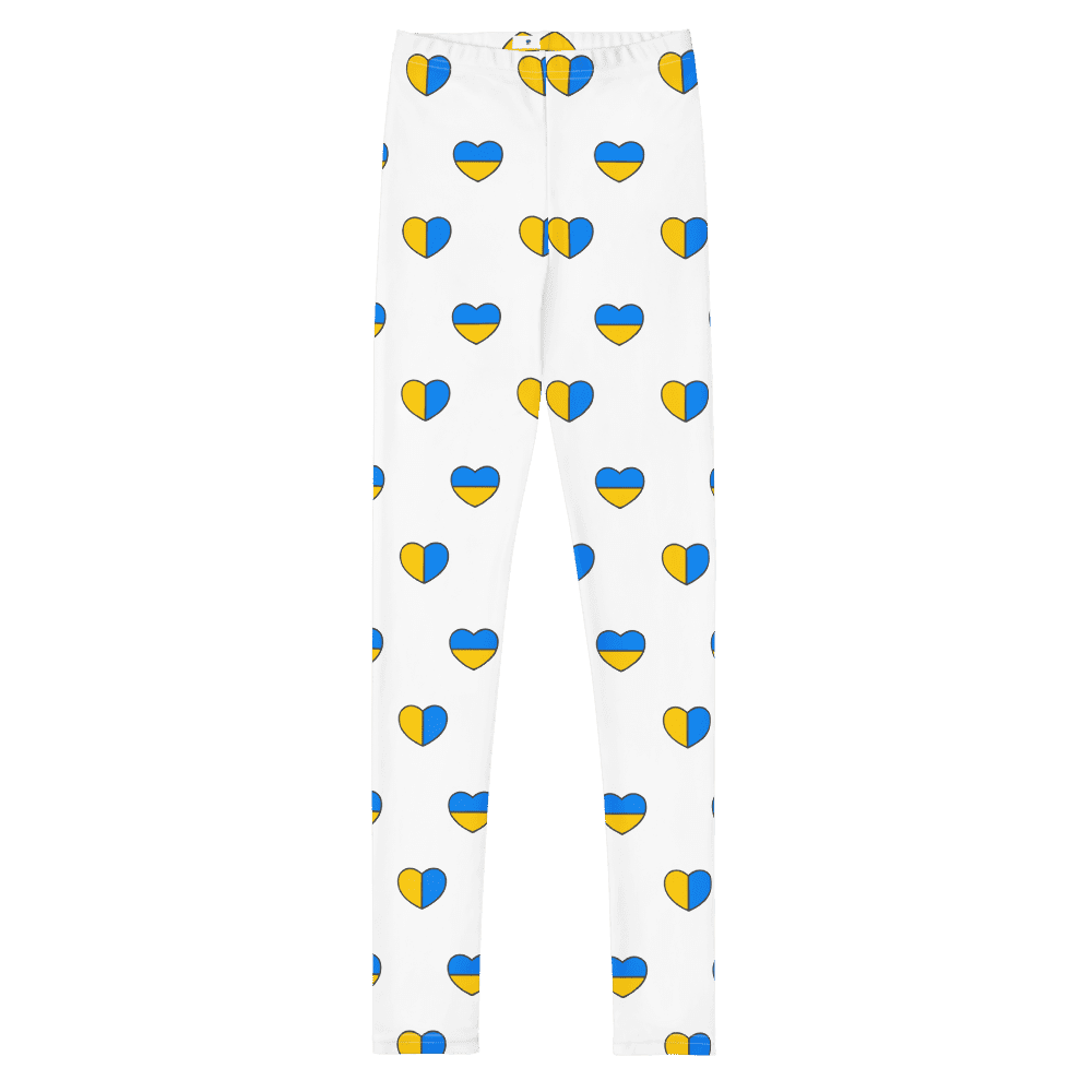 White leggings with Ukraine flag hearts pattern.