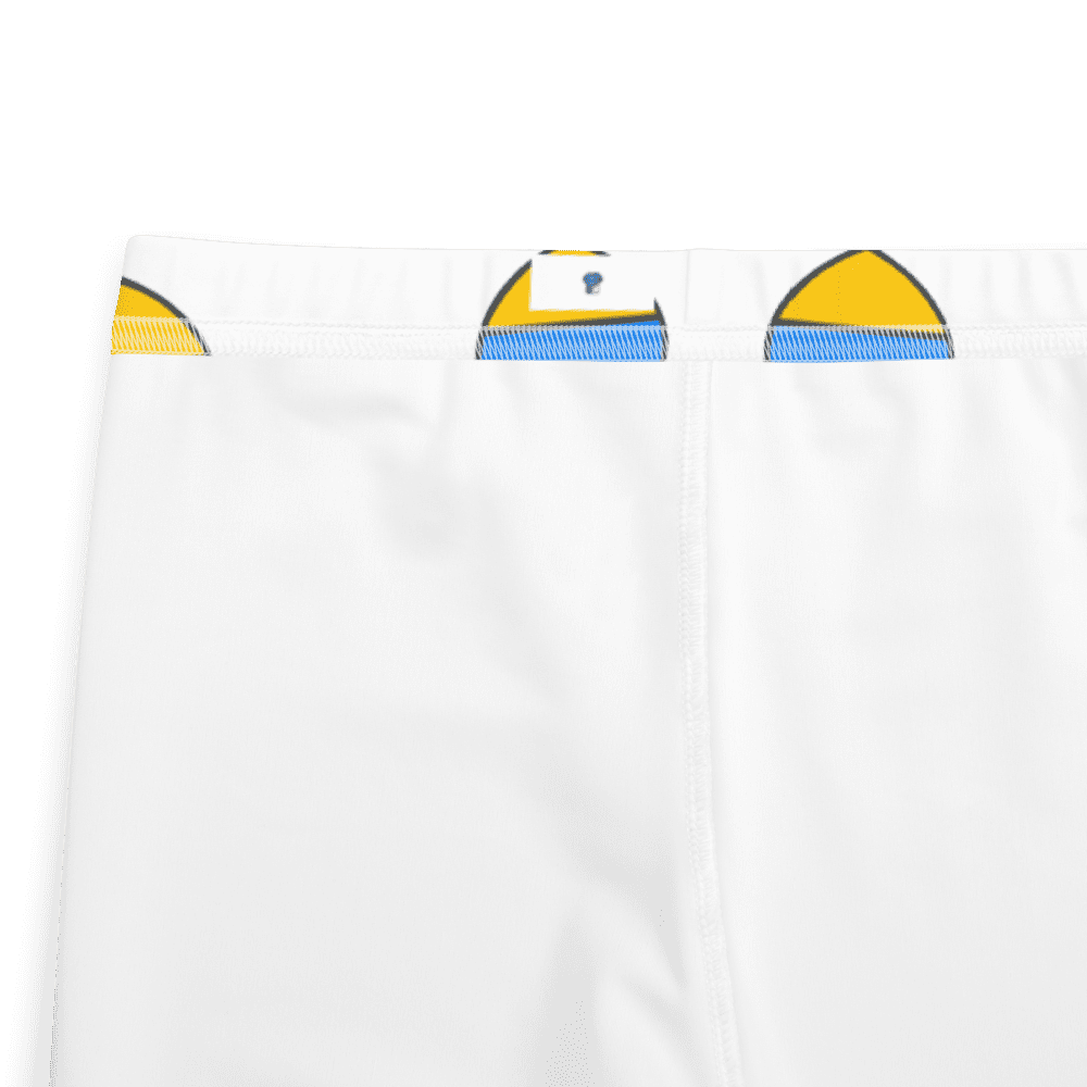 White shorts with colorful waistband design.