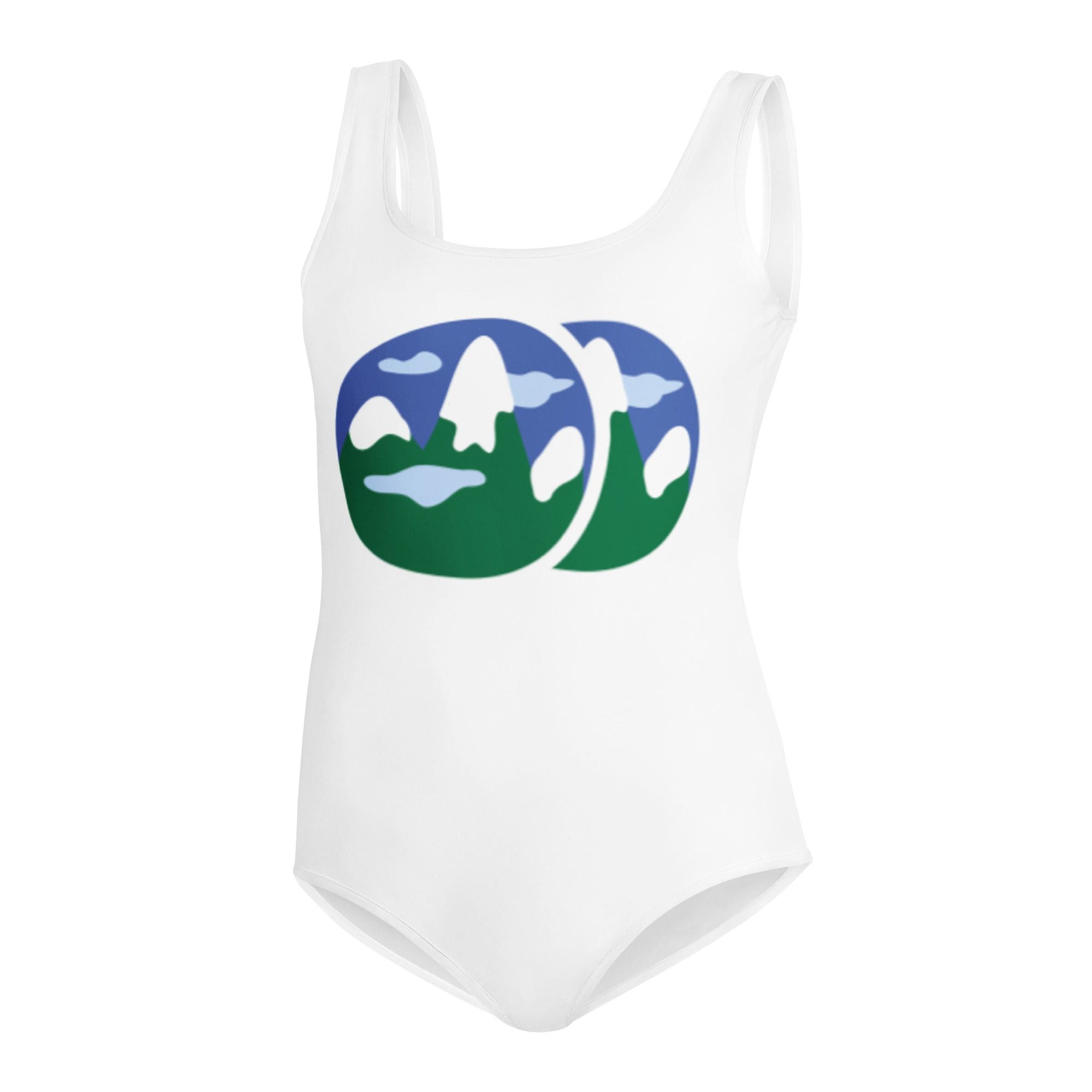 White swimsuit with mountain design print.