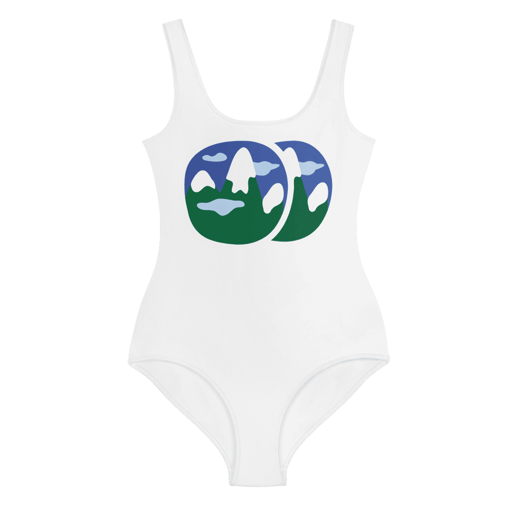 White one-piece swimsuit with mountain moon graphic