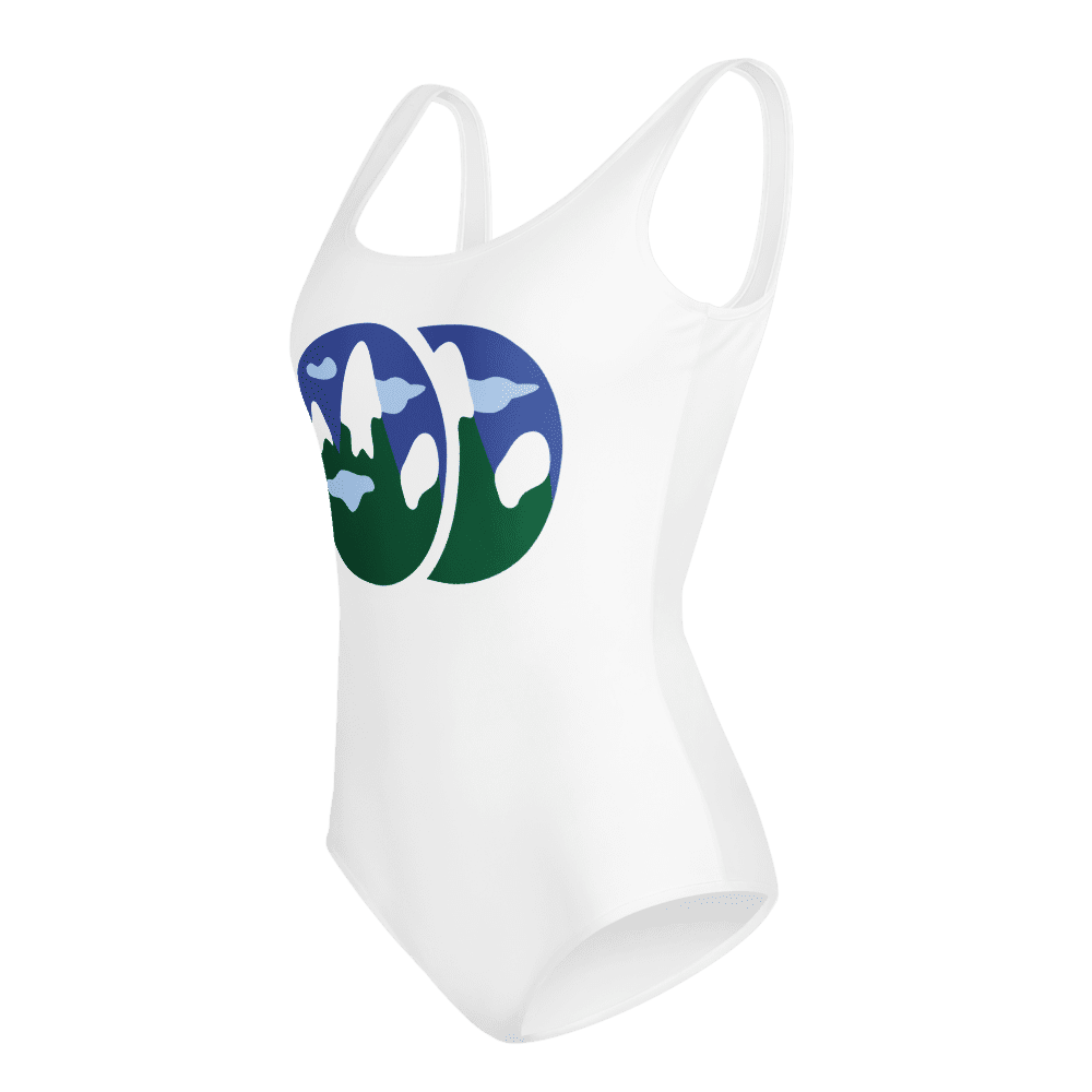 White one-piece swimsuit with circular landscape