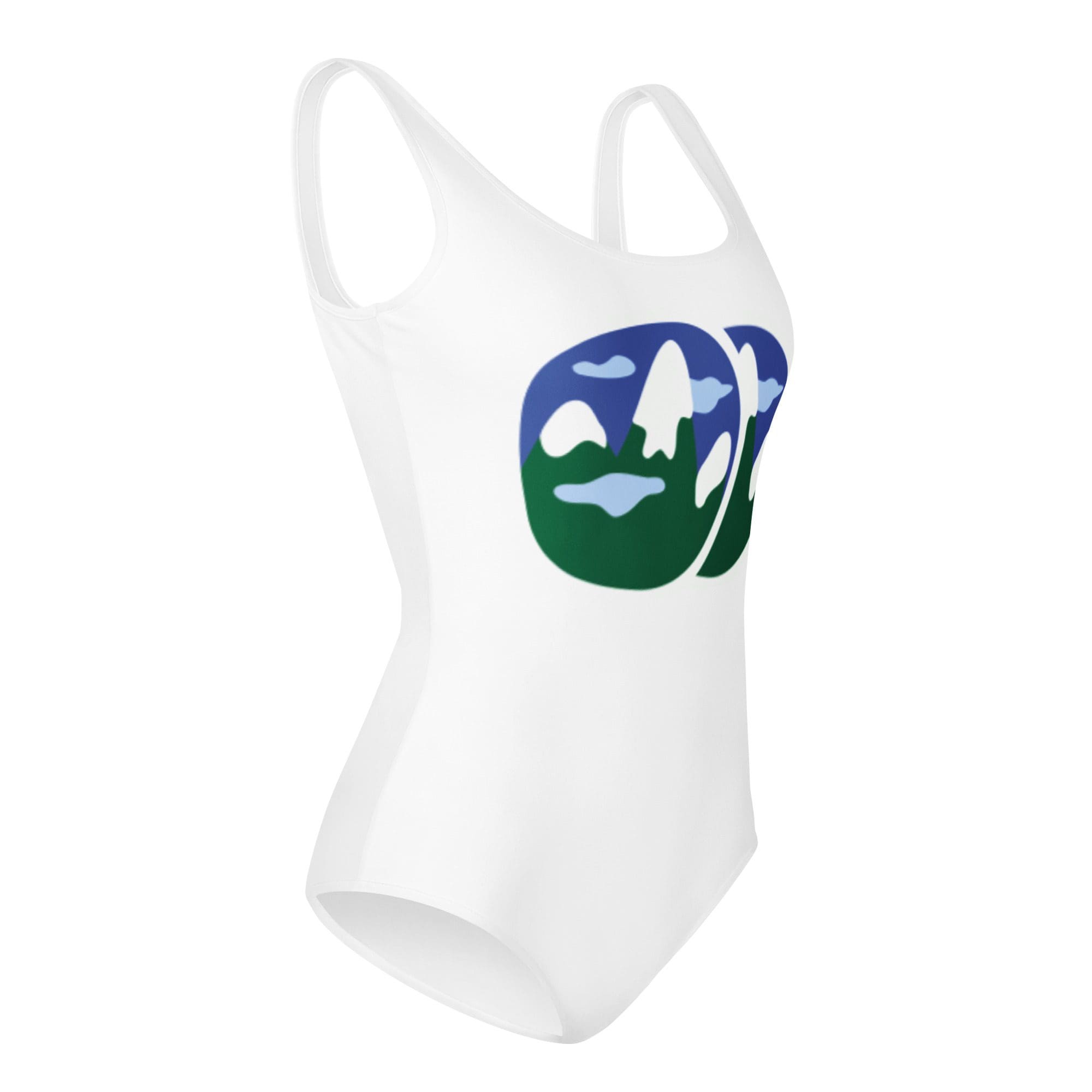White swimsuit with abstract mountain design.