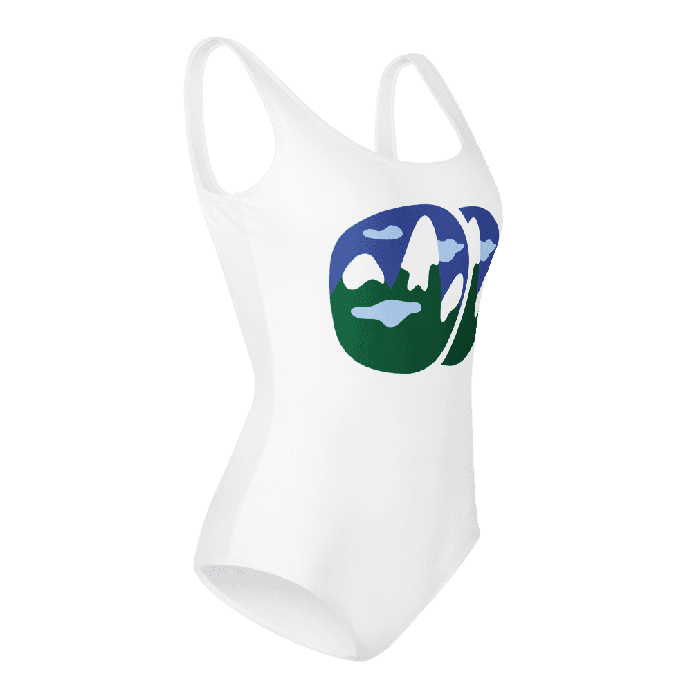 White swimsuit with mountain landscape design.
