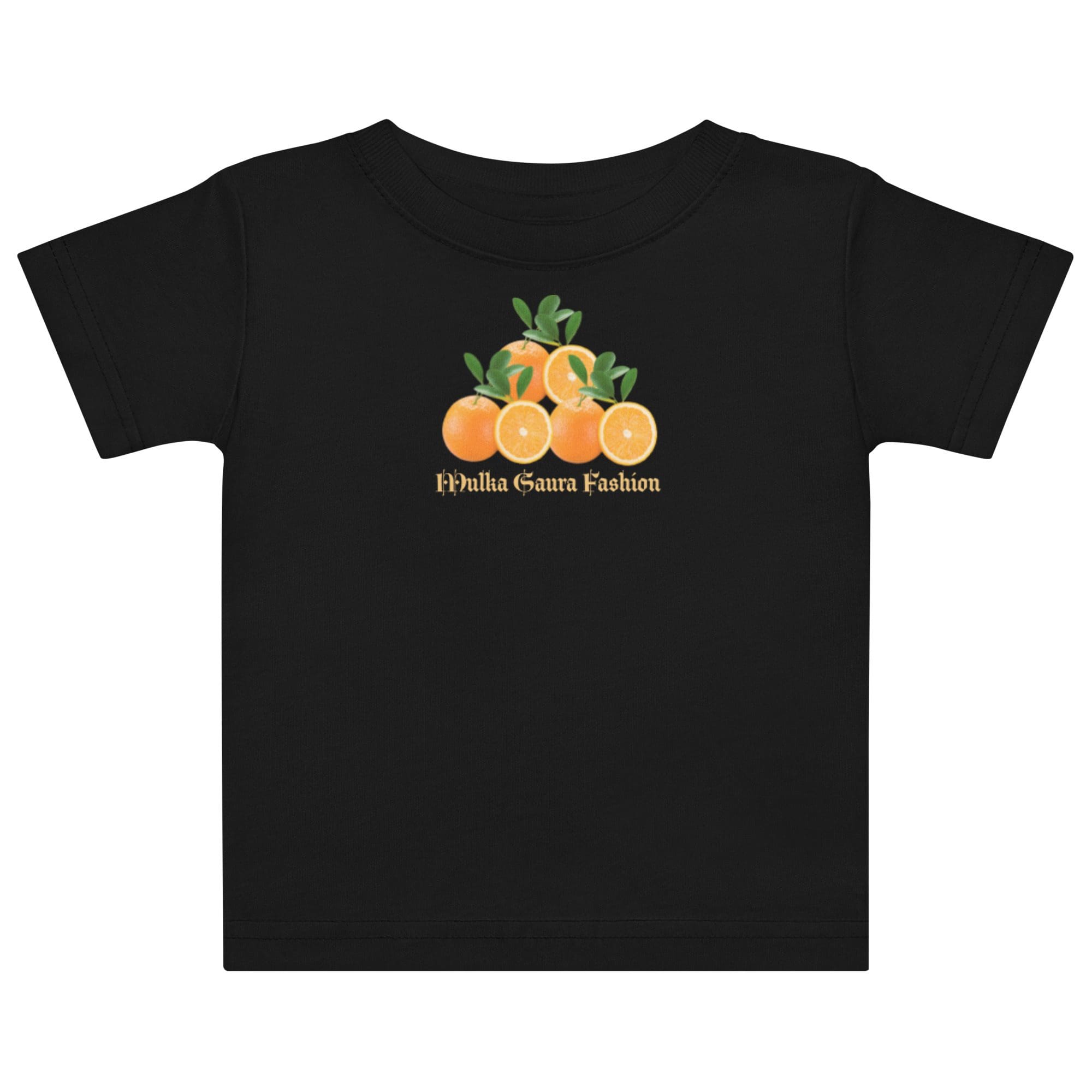Black shirt with orange fruit design.