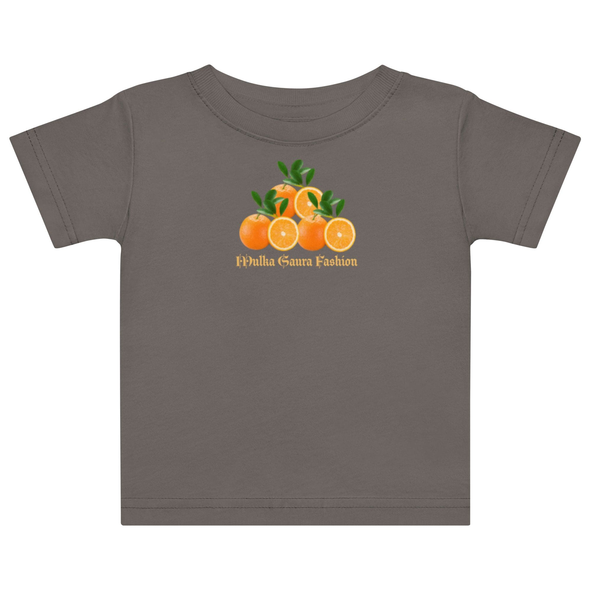 Gray t-shirt with orange fruit design.