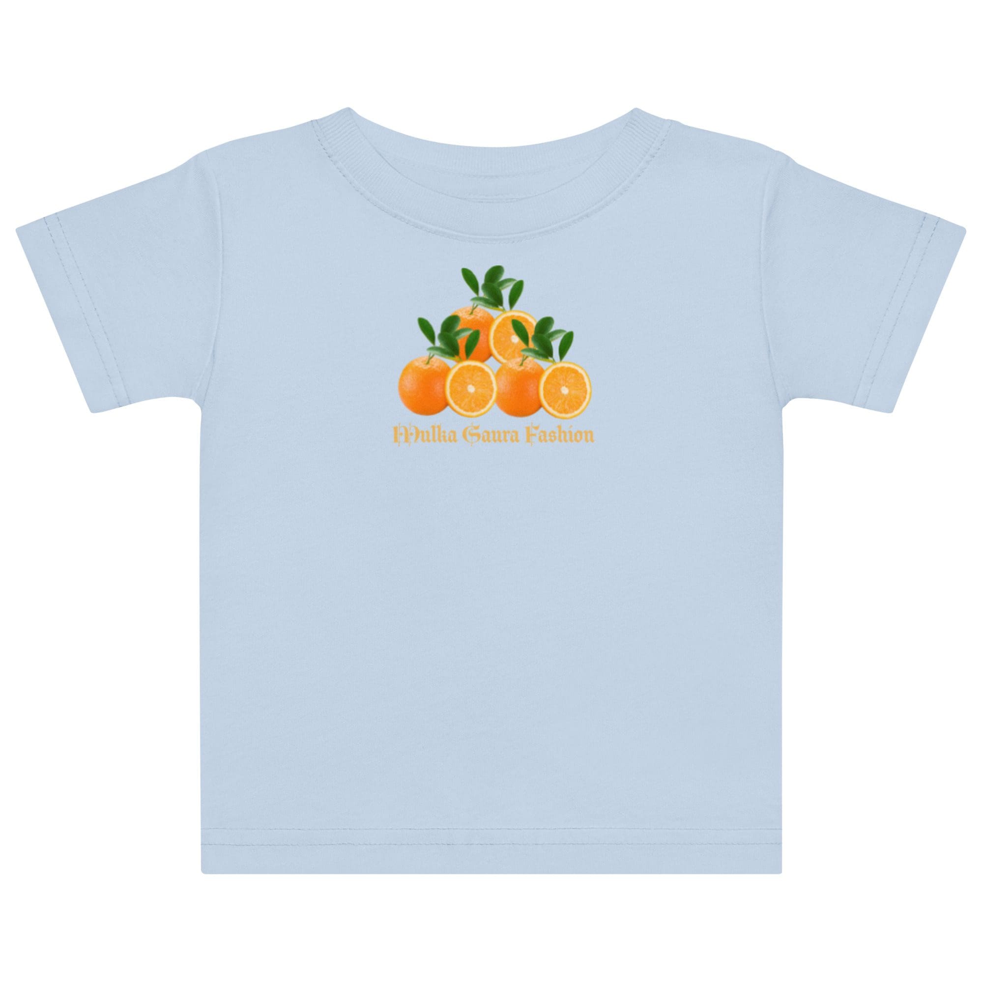 Light blue shirt with orange fruit design.