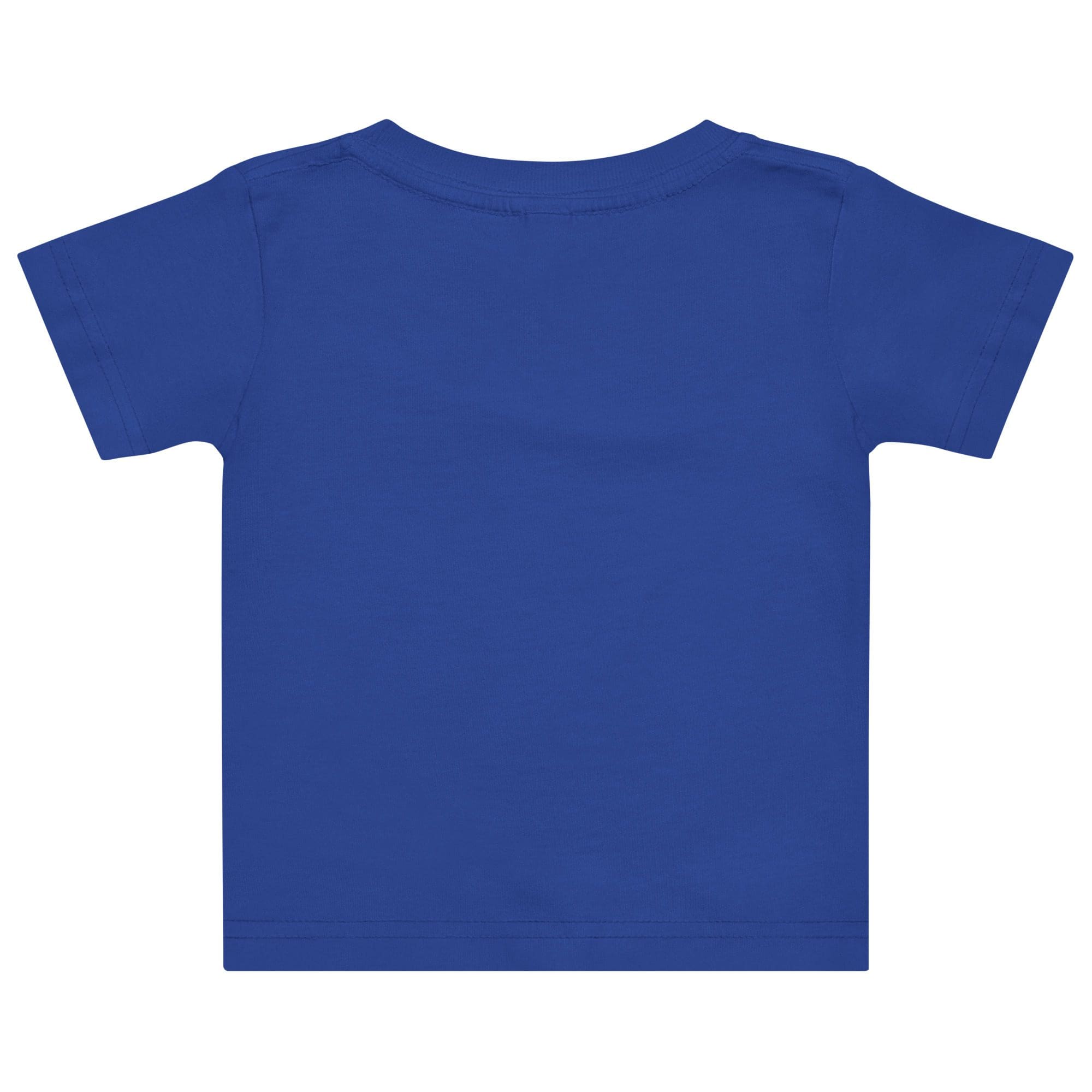 Blue short-sleeve T-shirt, back view.