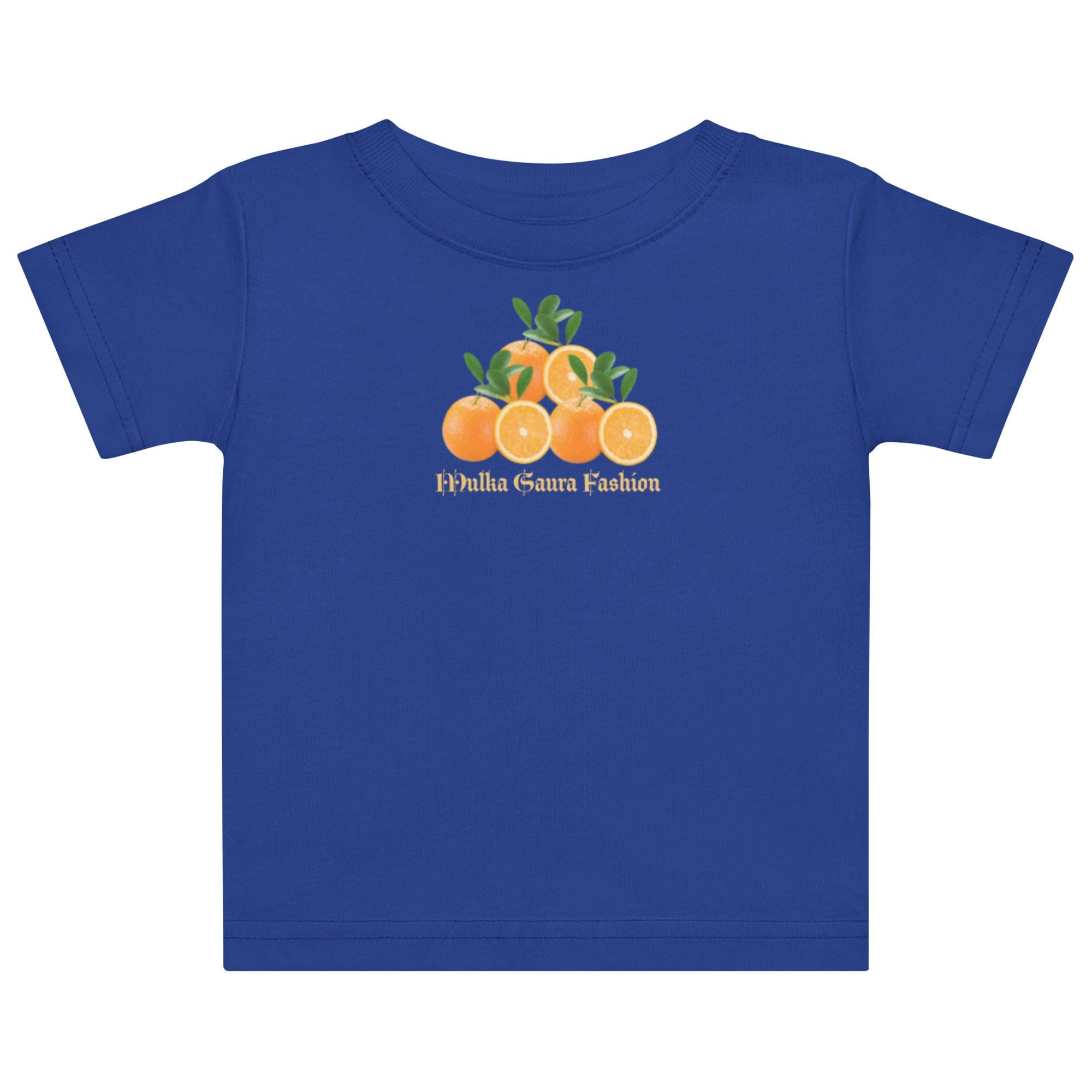 Blue shirt with orange fruit design.