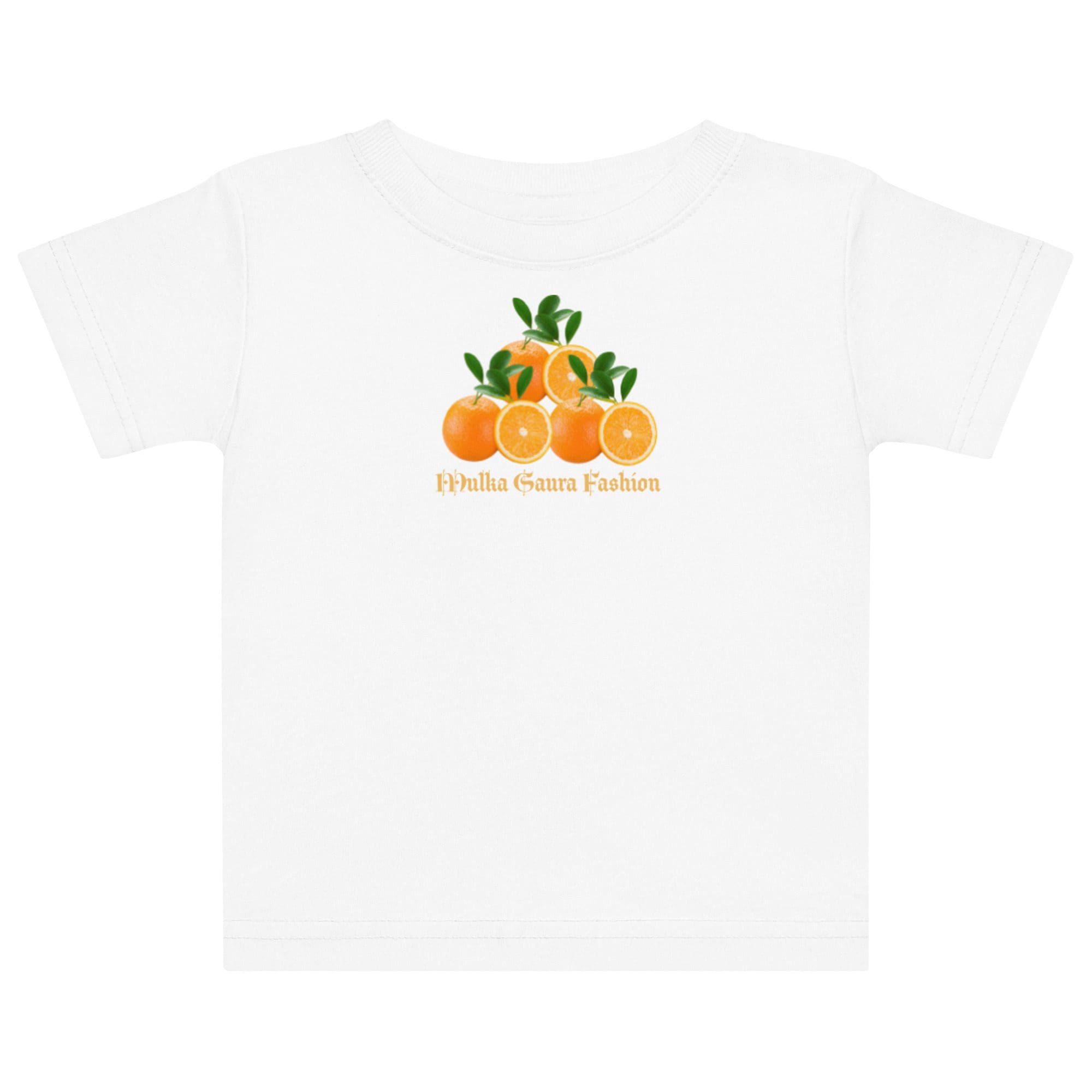 White t-shirt with orange fruit design.