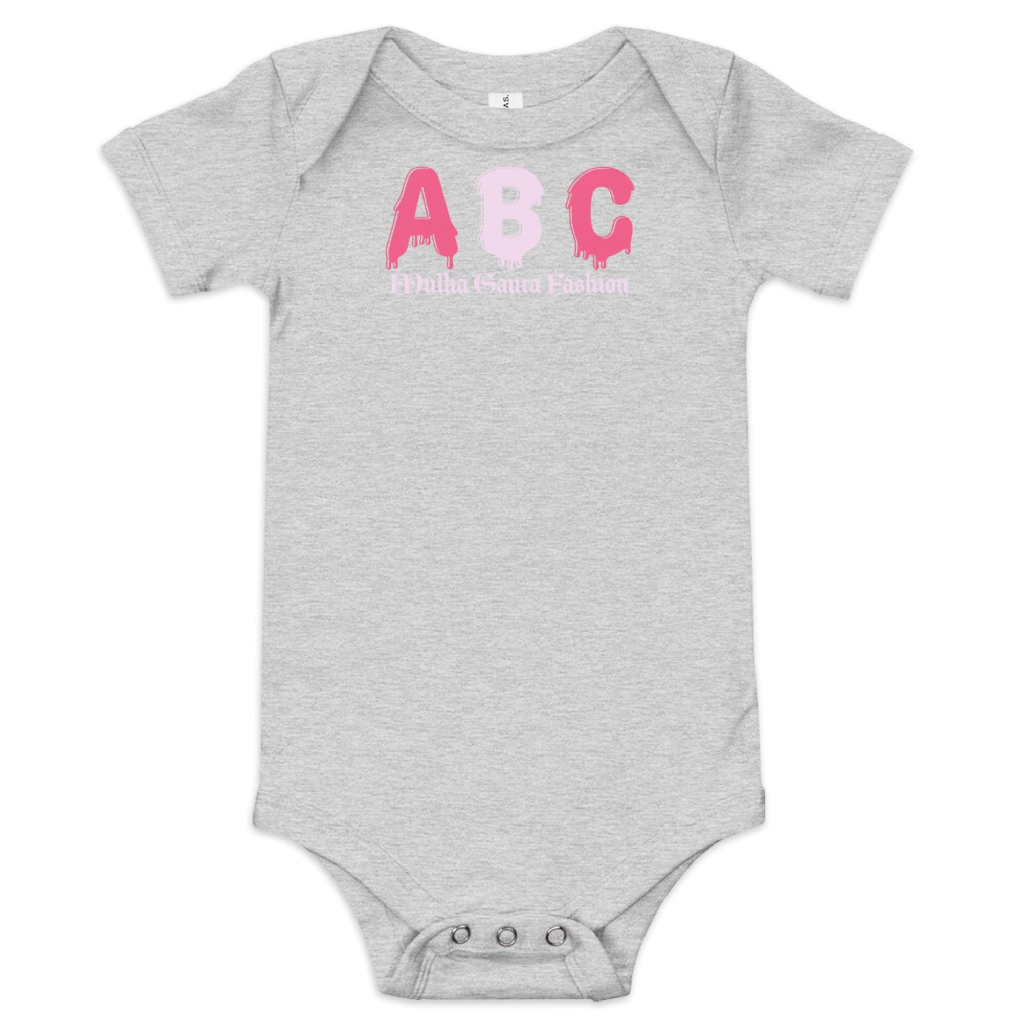 Gray baby onesie with pink ABC print.