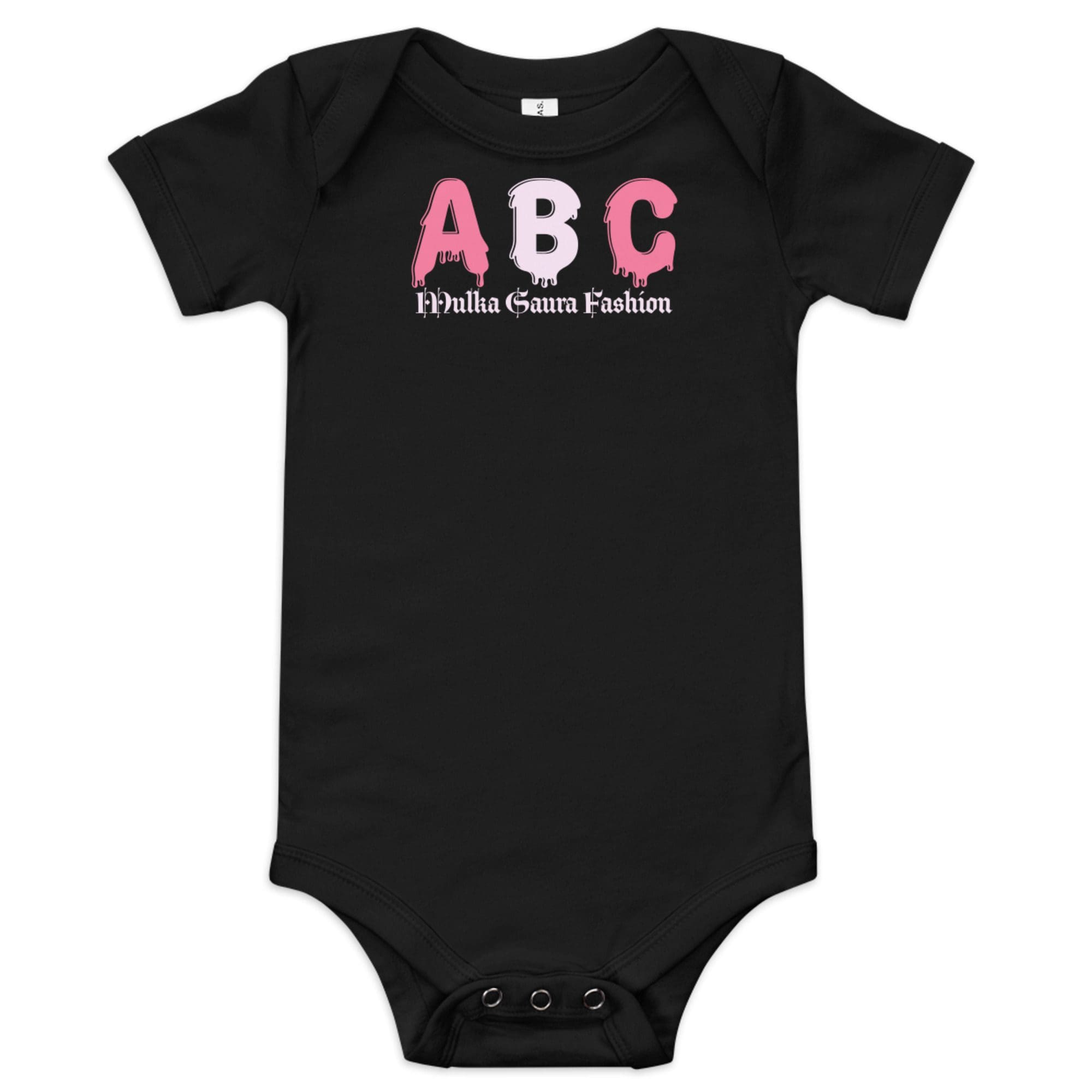 Black baby onesie with pink lettering.