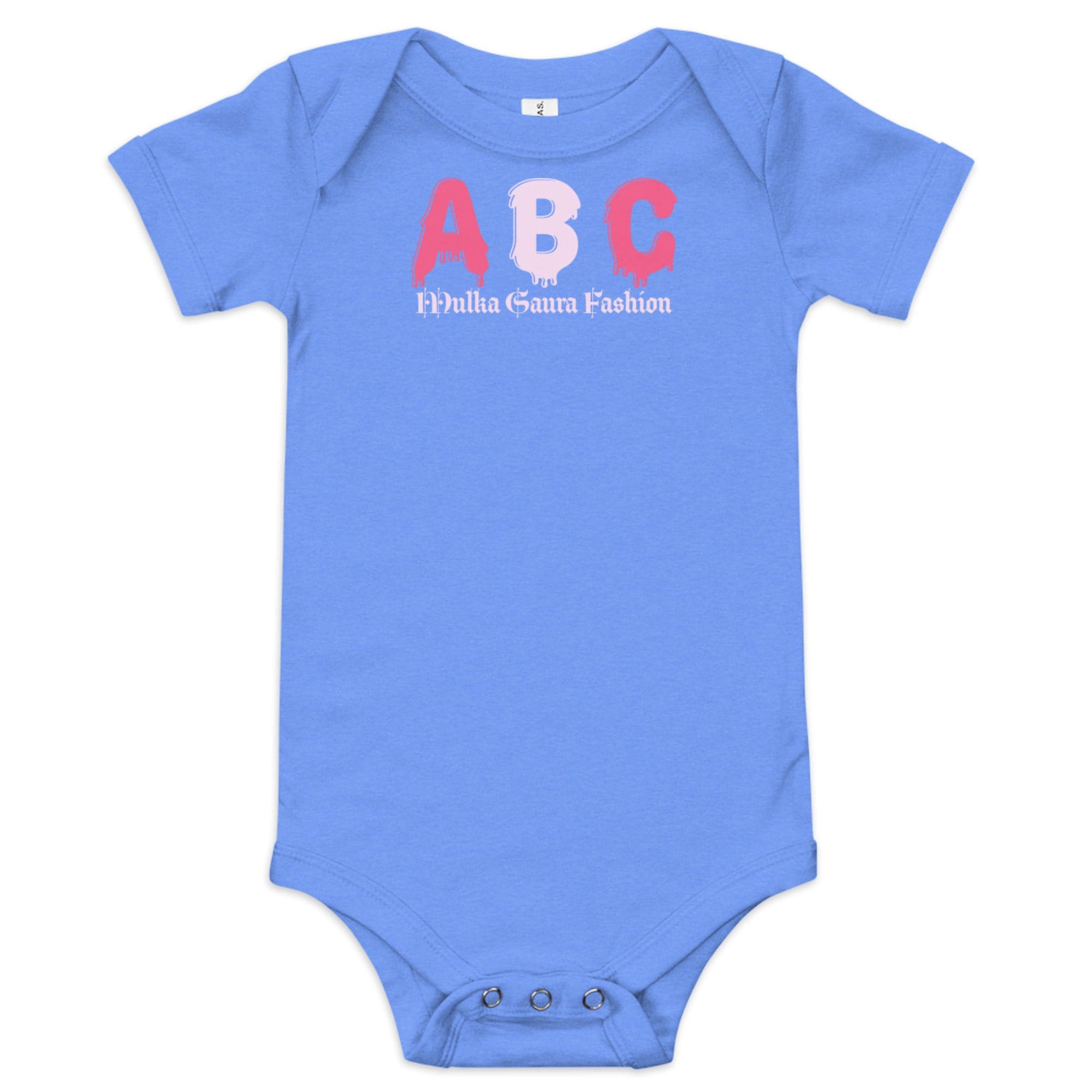 Blue baby onesie with ABC design.