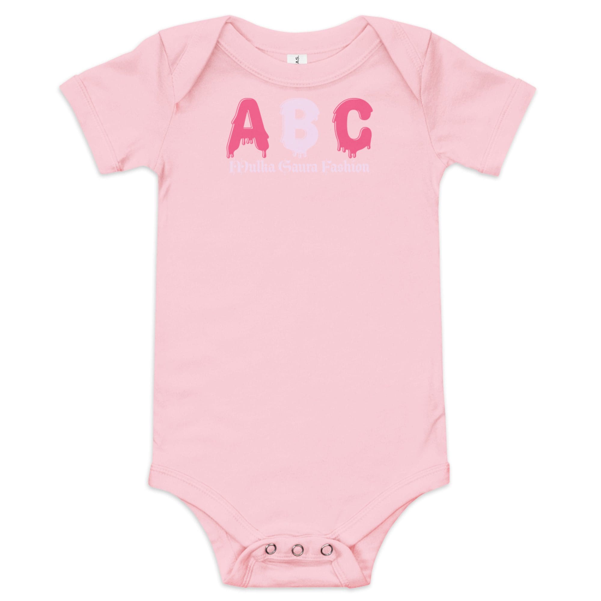 Pink baby onesie with ABC design.