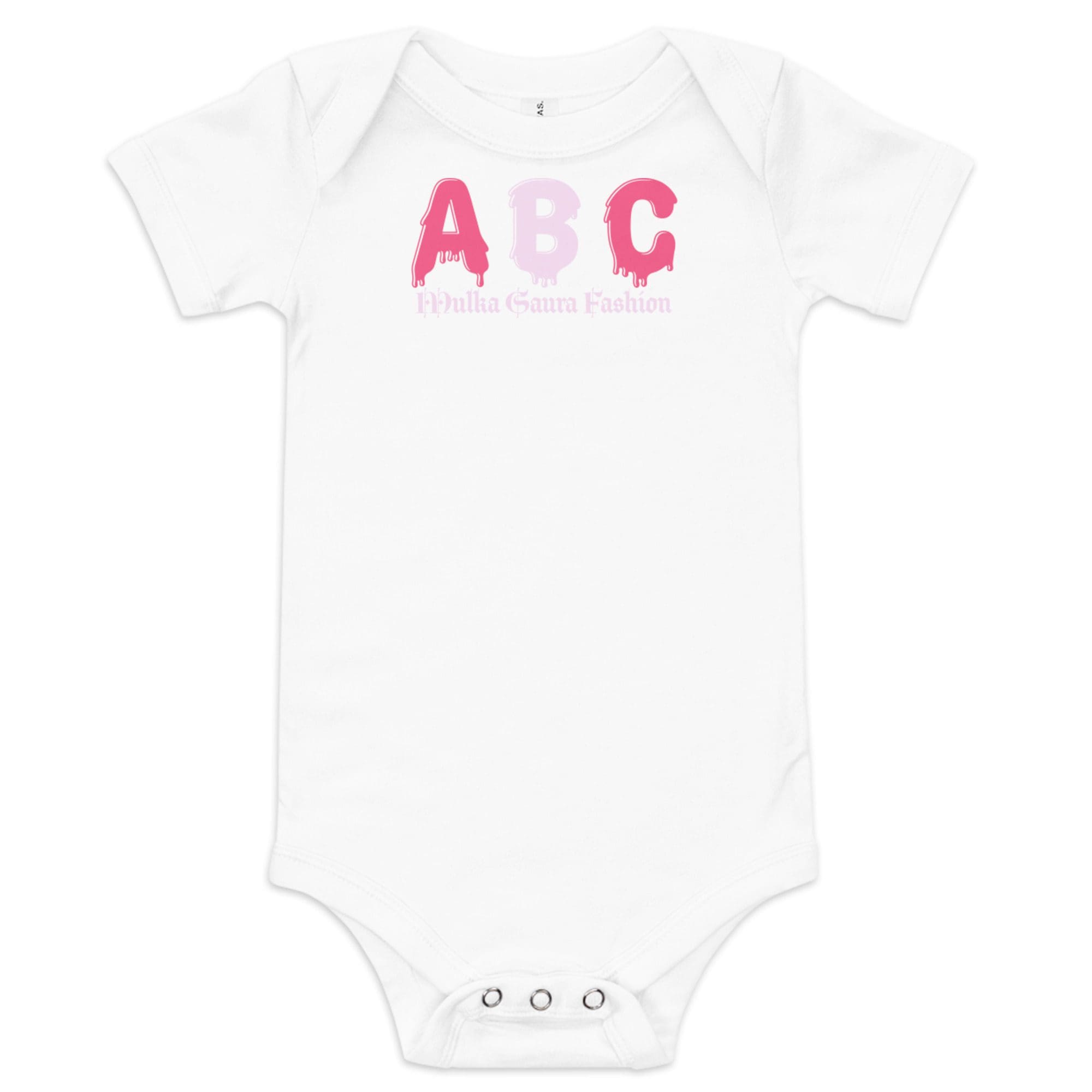 White baby onesie with pink letters ABC.