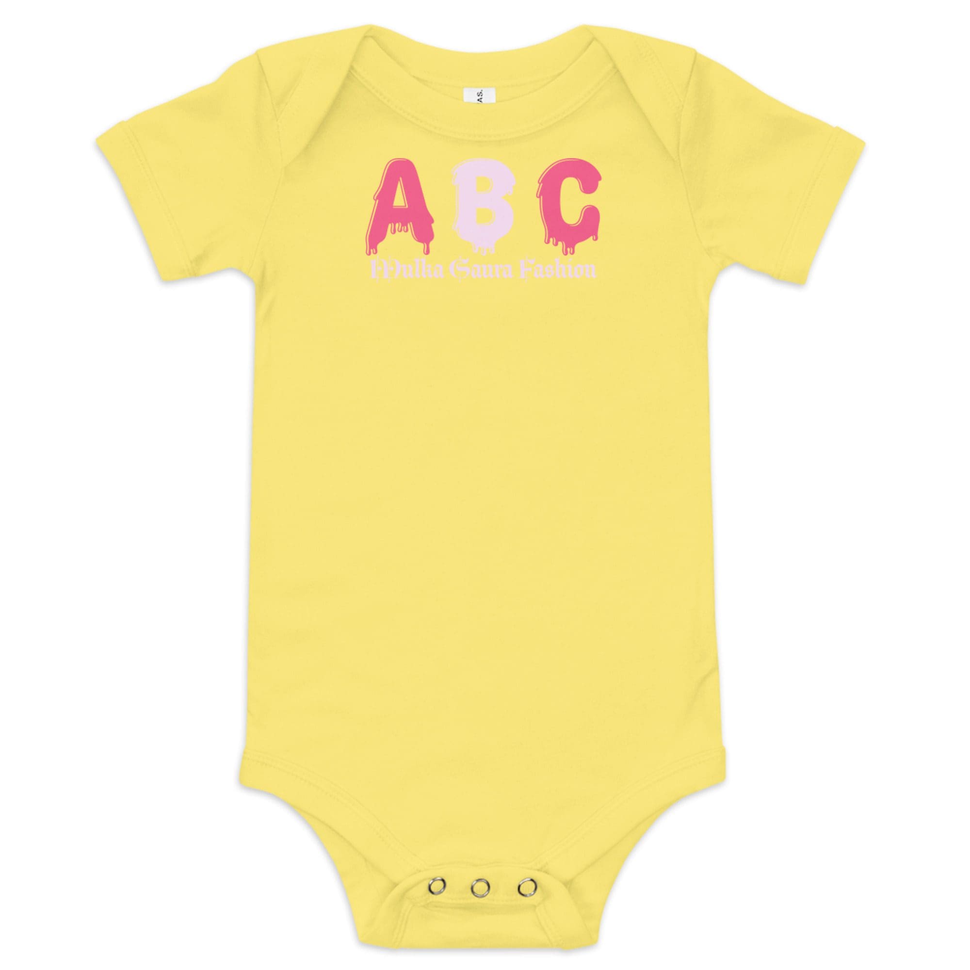 Yellow baby onesie with colorful ABC design.