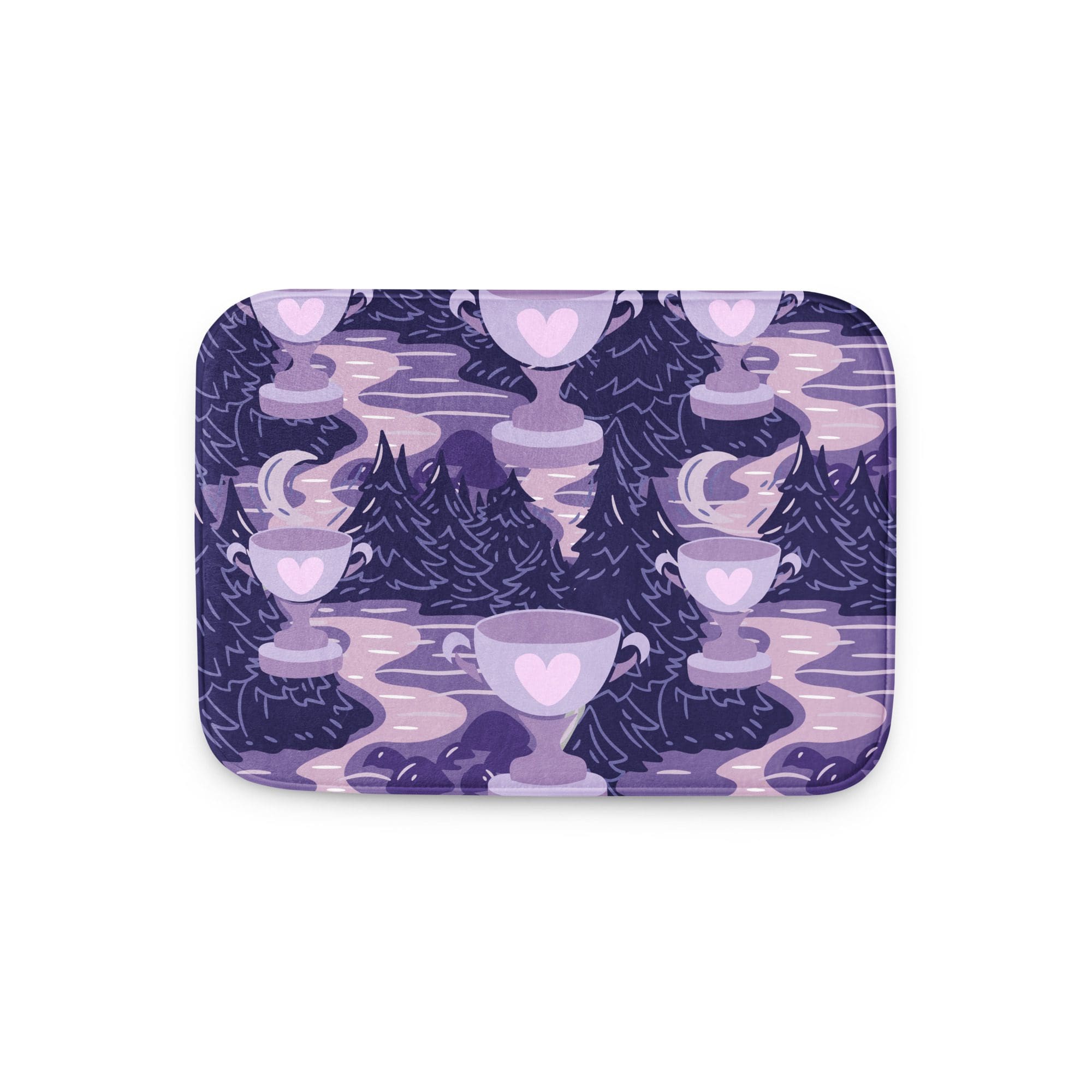 Purple landscape pattern with heart-adorned cups.