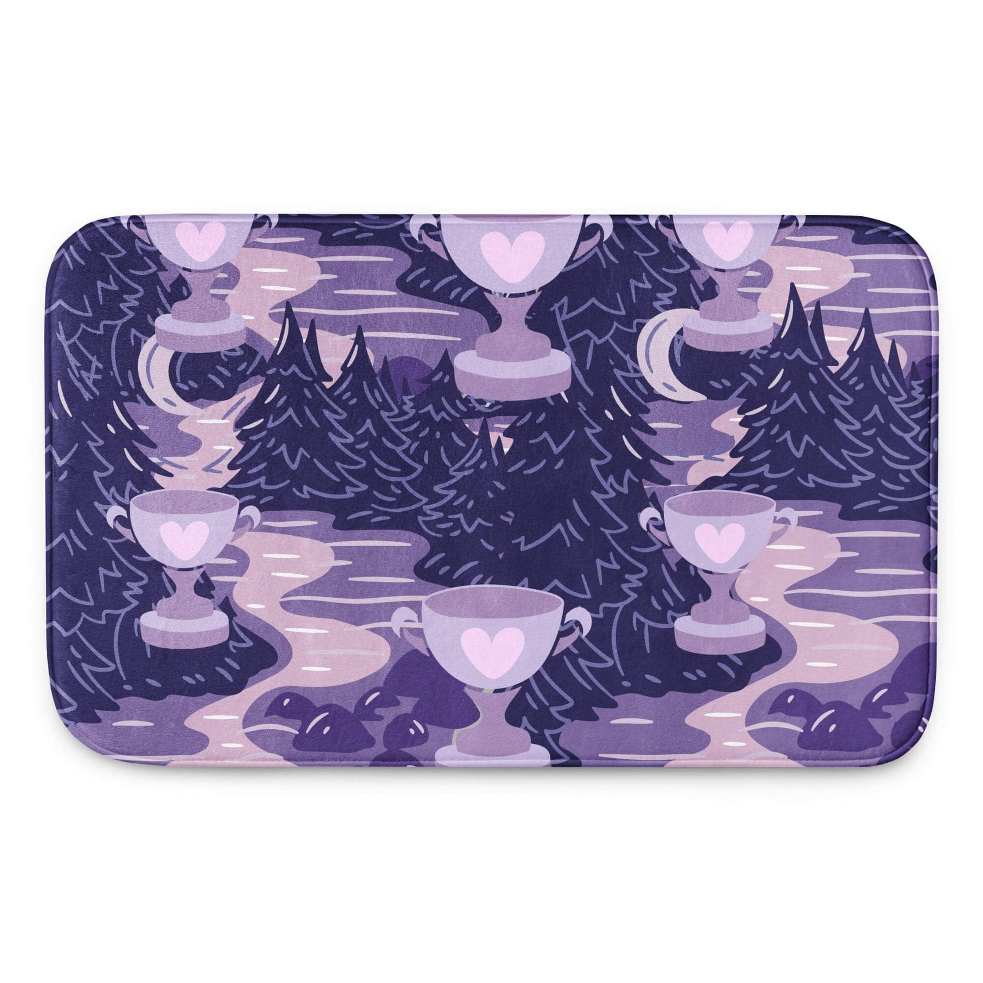 Purple forest with heart-decorated trophies.