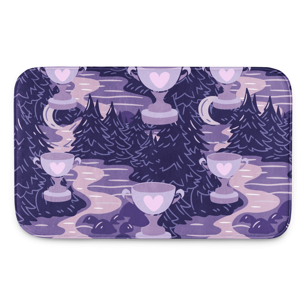 Purple forest scene with heart-adorned trophies.