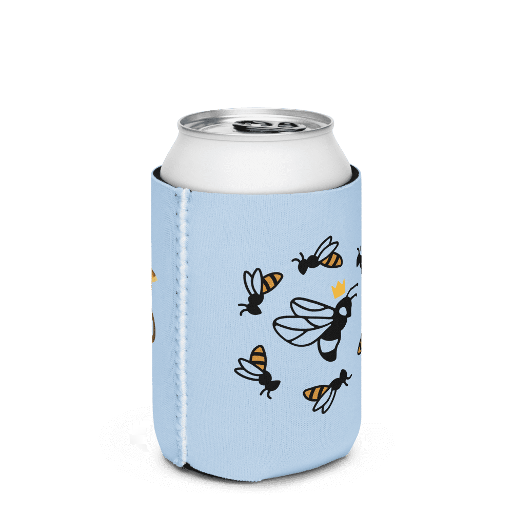Light blue can cooler decorated with cartoon bees