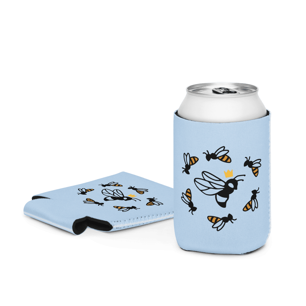 Blue can cooler with bee design.