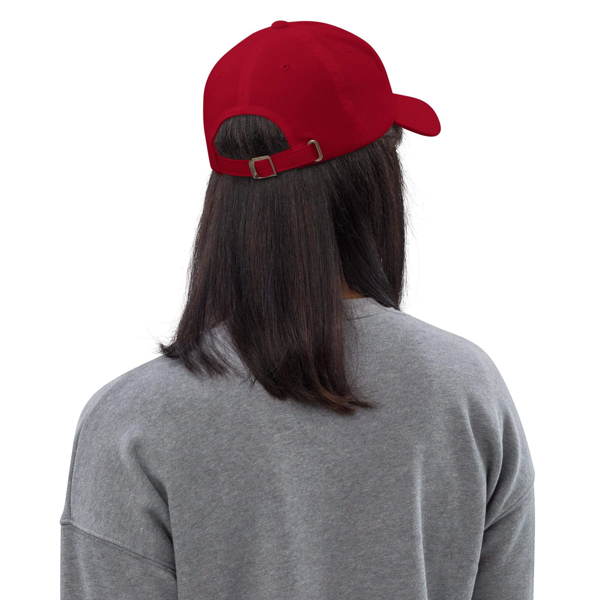 Person wearing red cap, gray sweater, back view.