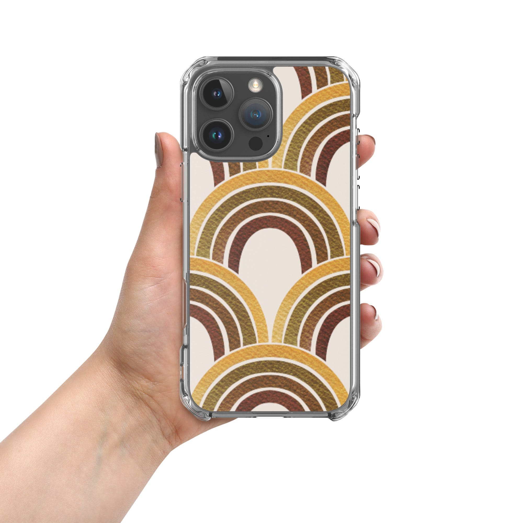 Hand holding phone with rainbow pattern case.