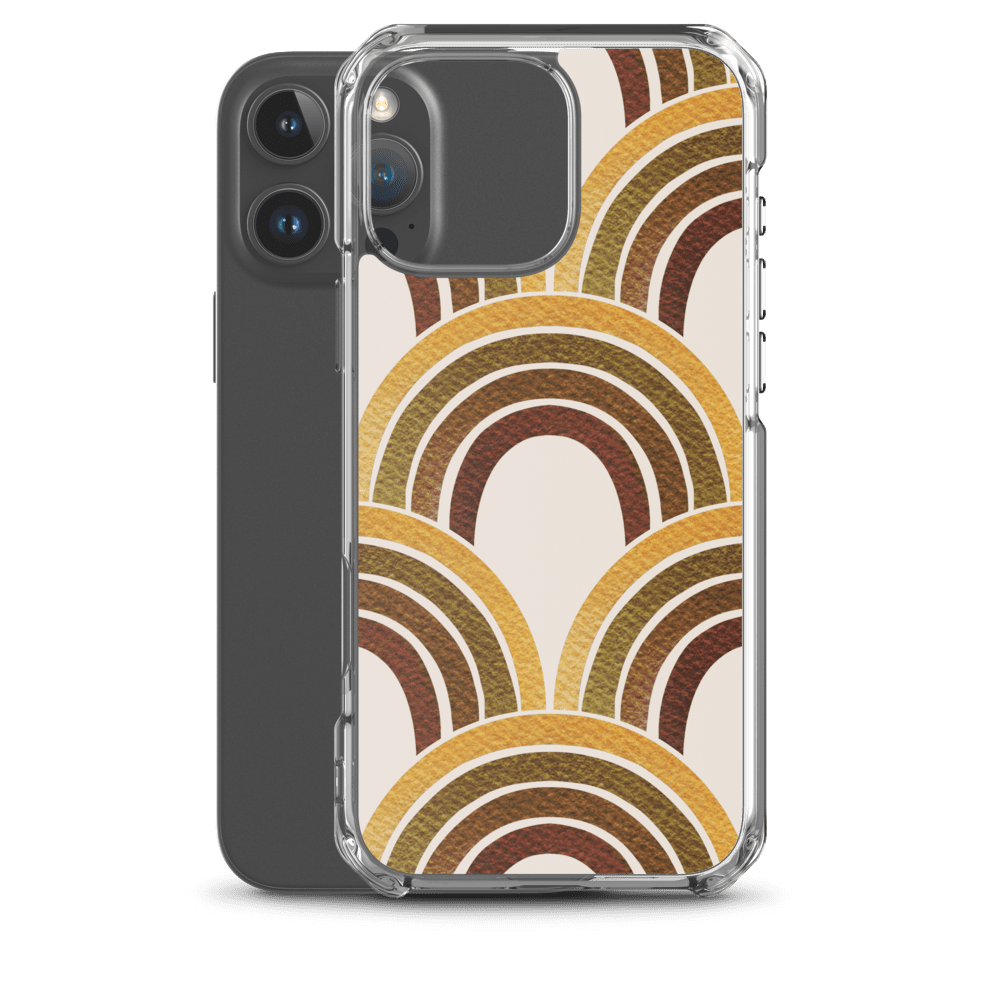 Phone with rainbow pattern transparent case.