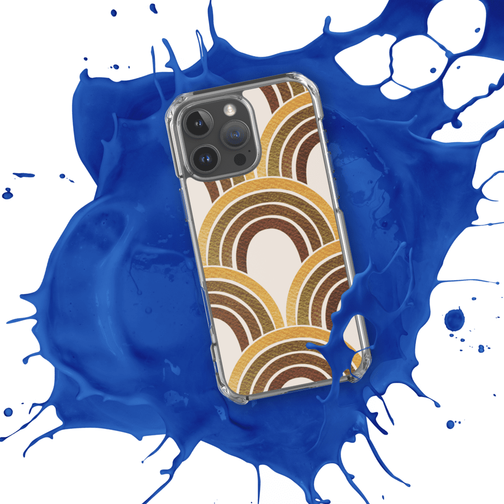 Phone with patterned case on blue splash.