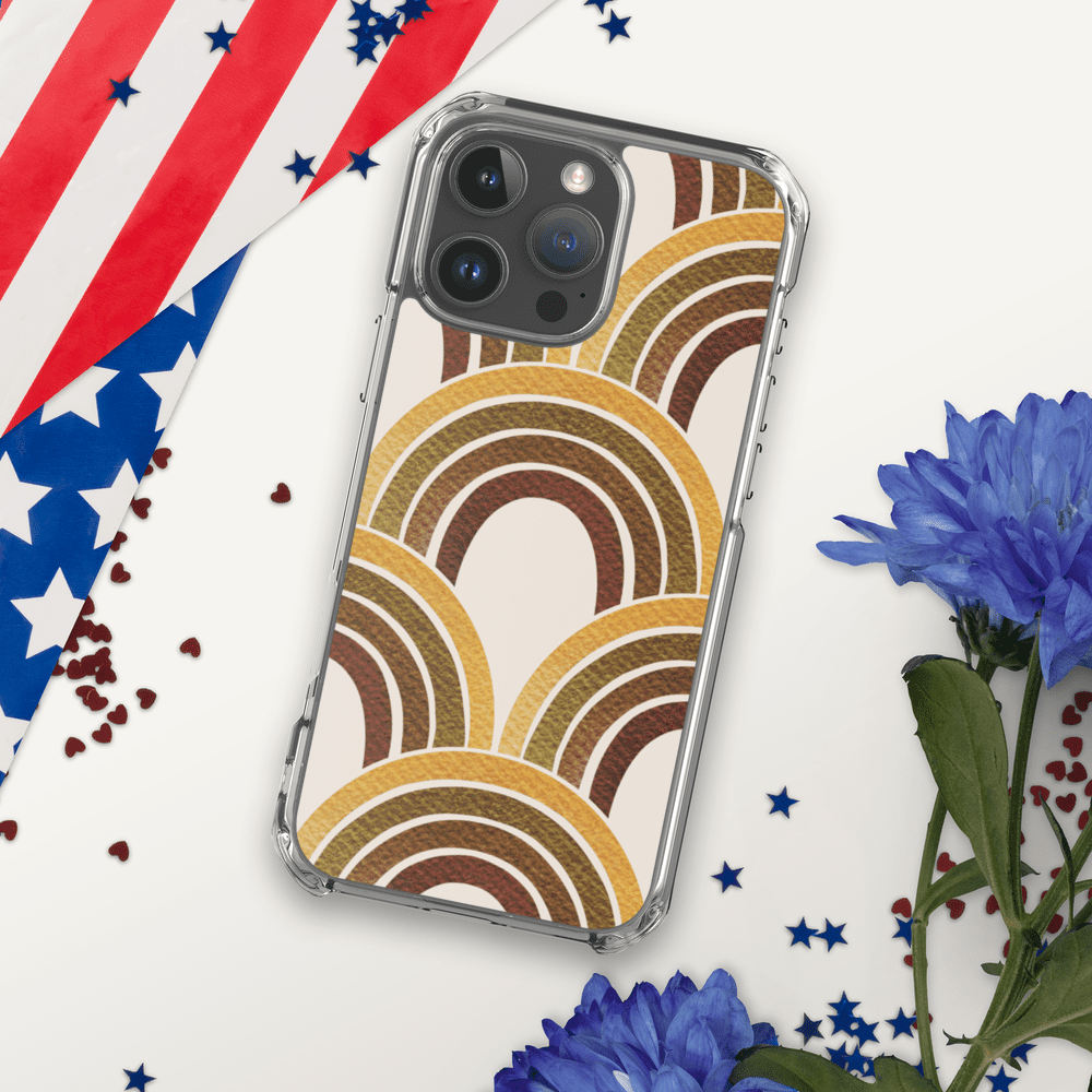 Phone case with colorful retro arches design.