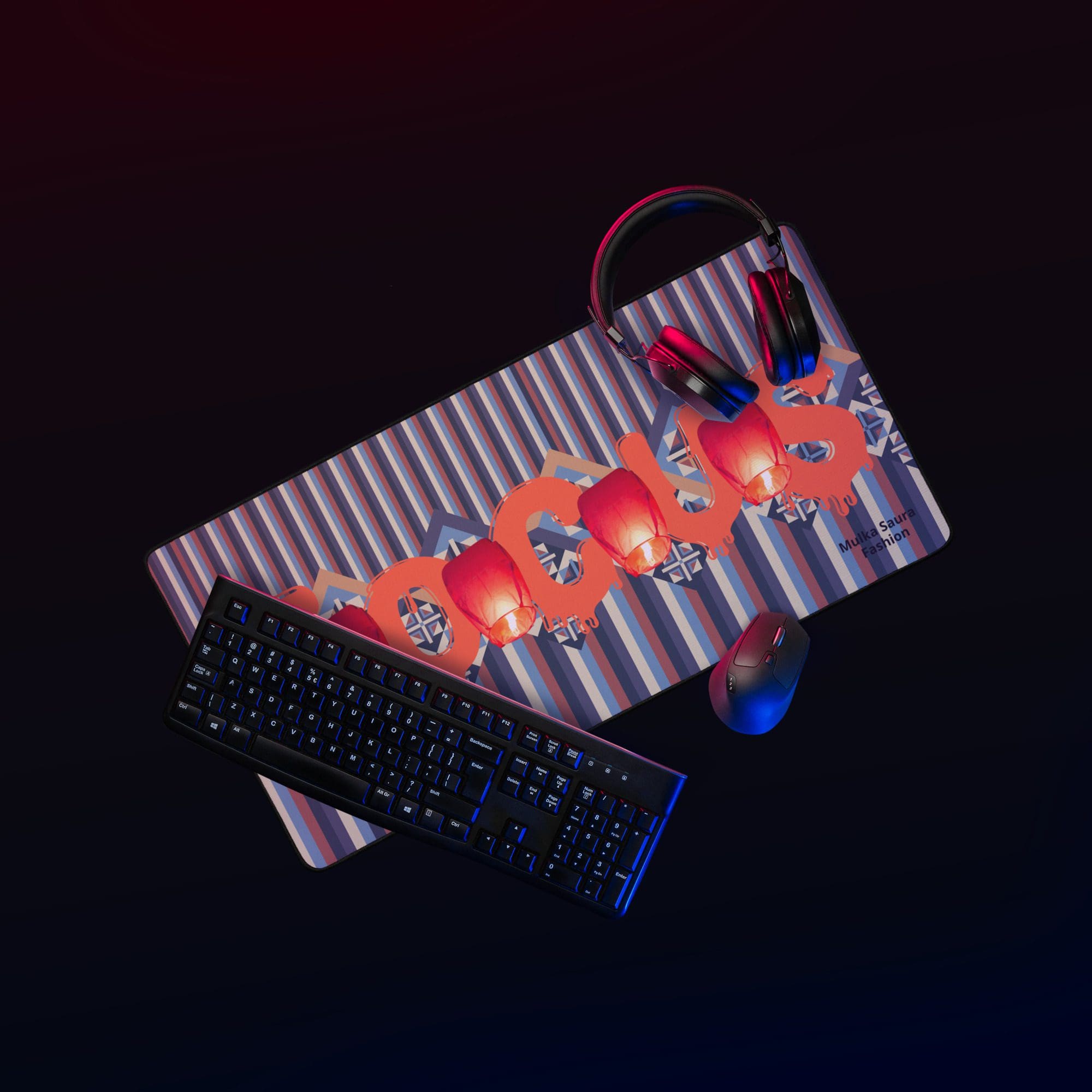 Keyboard, mouse, headphones on colorful mat.