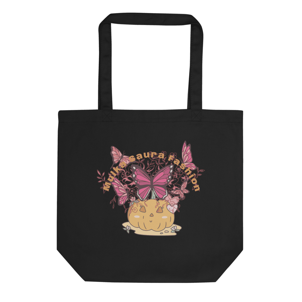 Black tote bag with pink butterfly design.