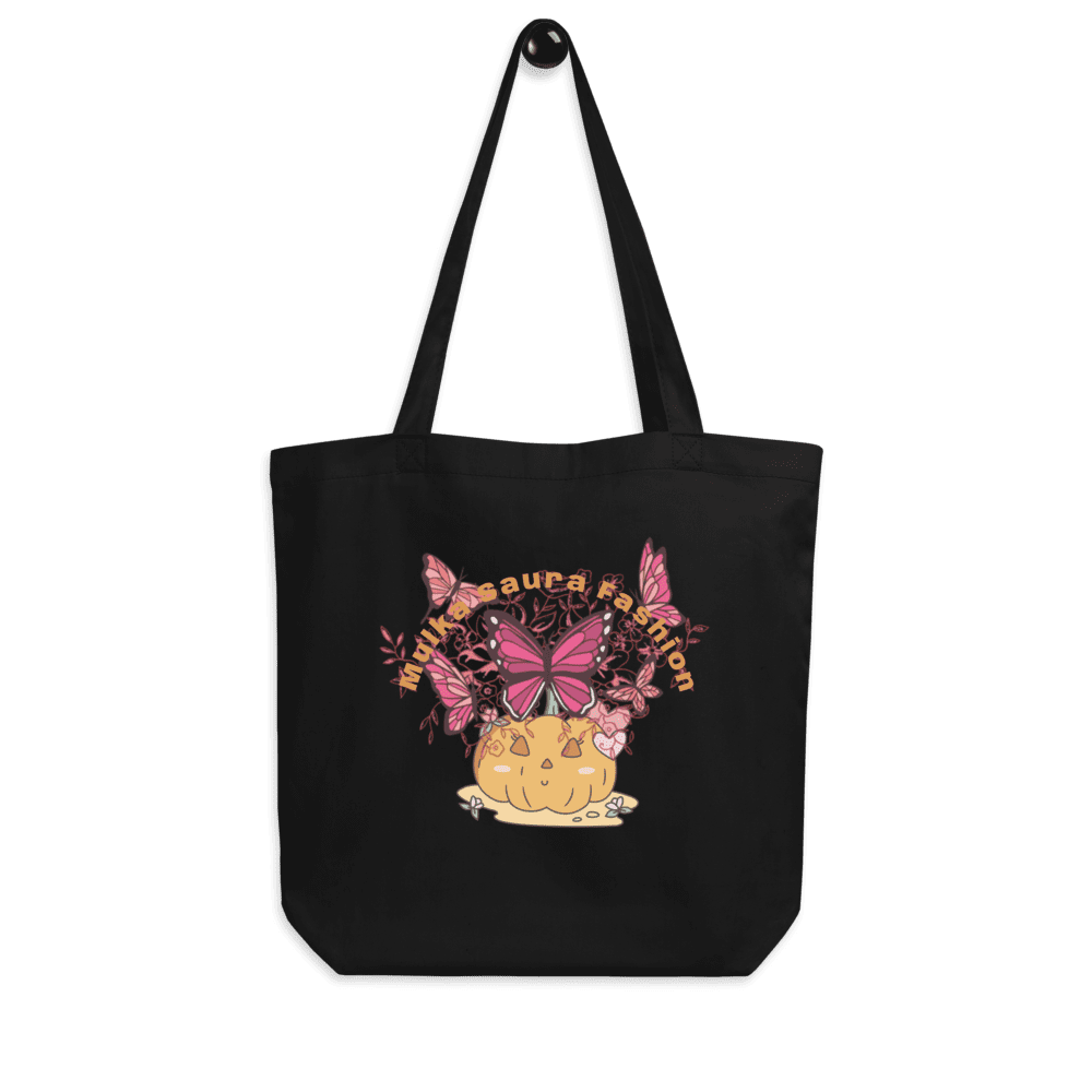 Black tote bag with colorful butterfly design.