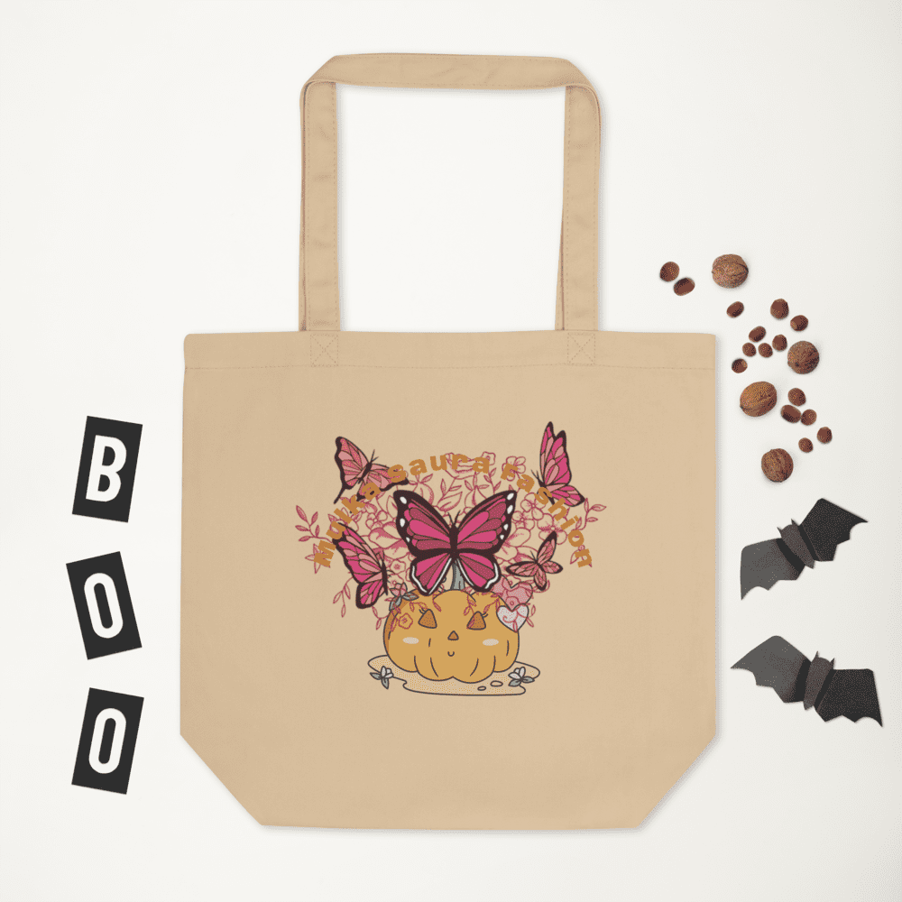Tote bag with butterflies and pumpkin design.