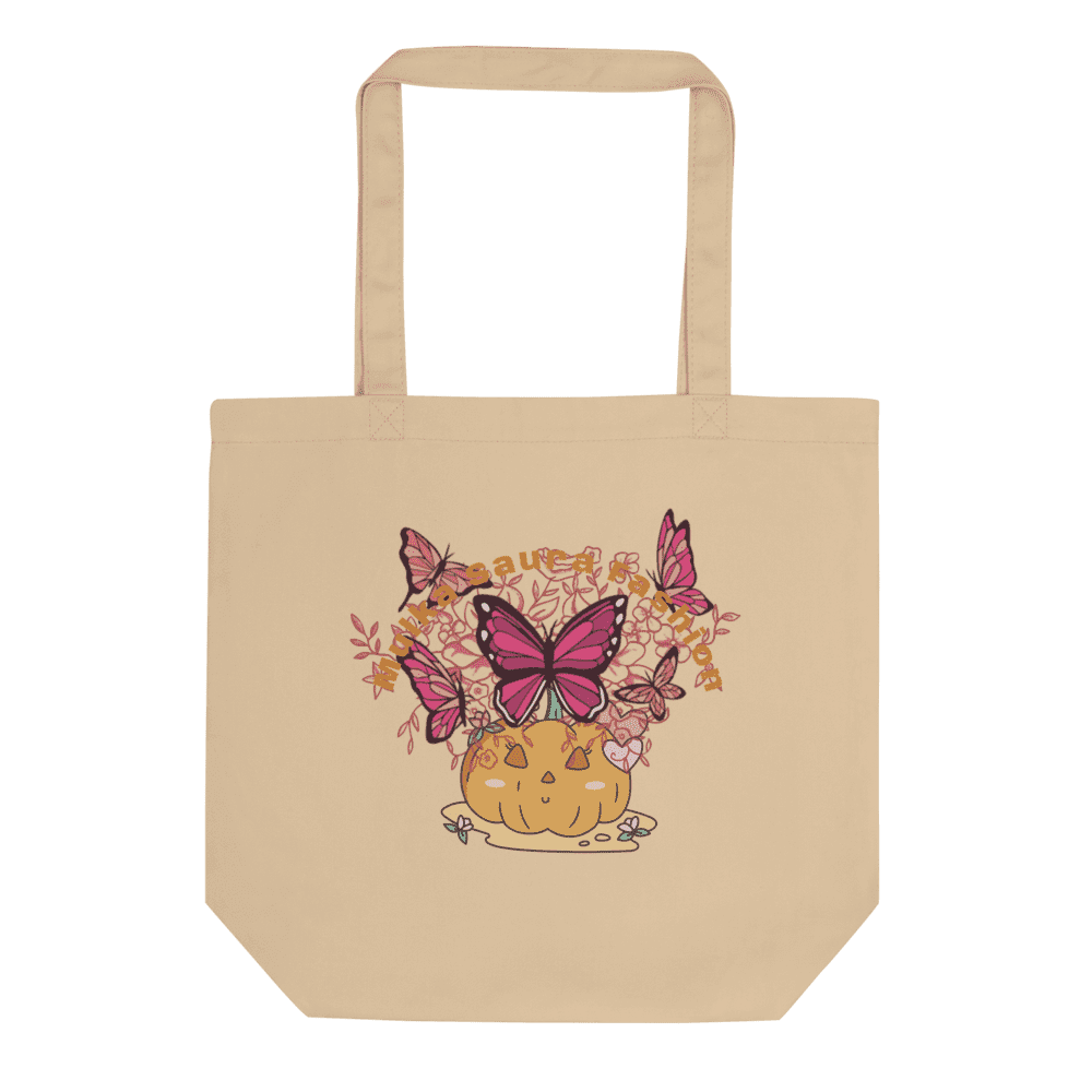 Tote bag with butterflies and flowers design.