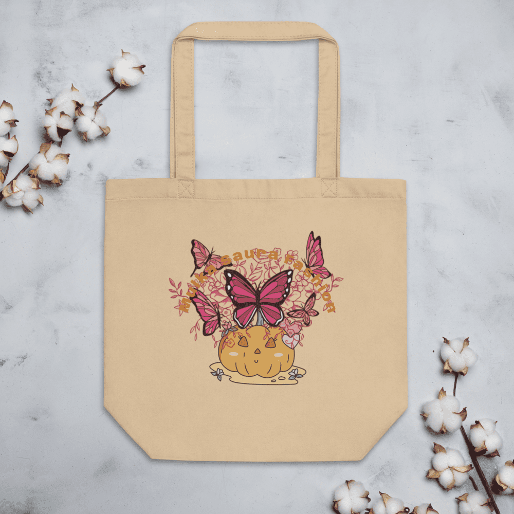 Tote bag with butterfly and flowers design.