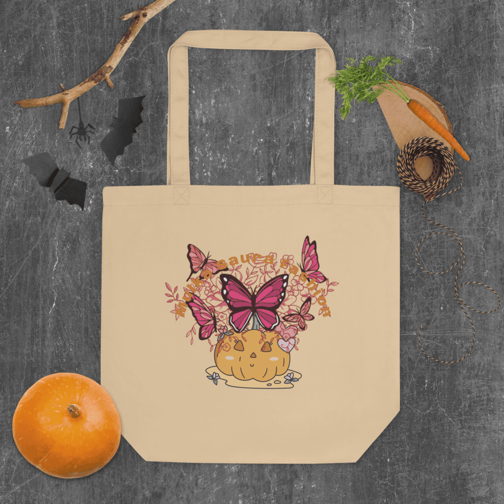 Beige tote with pink butterfly pumpkin design
