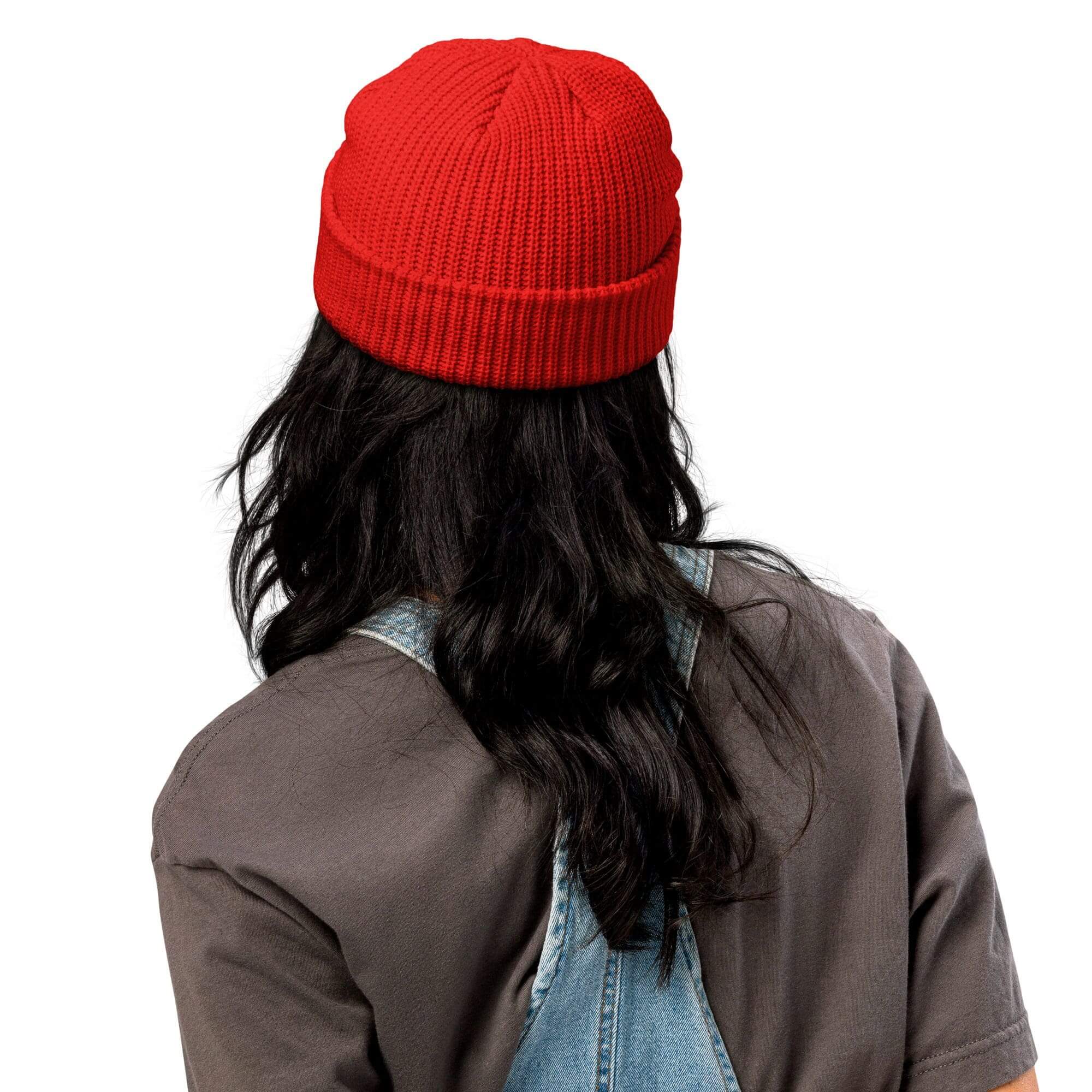 Person wearing red beanie facing away.