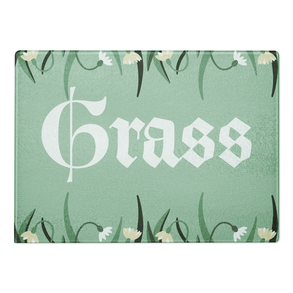 Text "Grass" on green floral background.